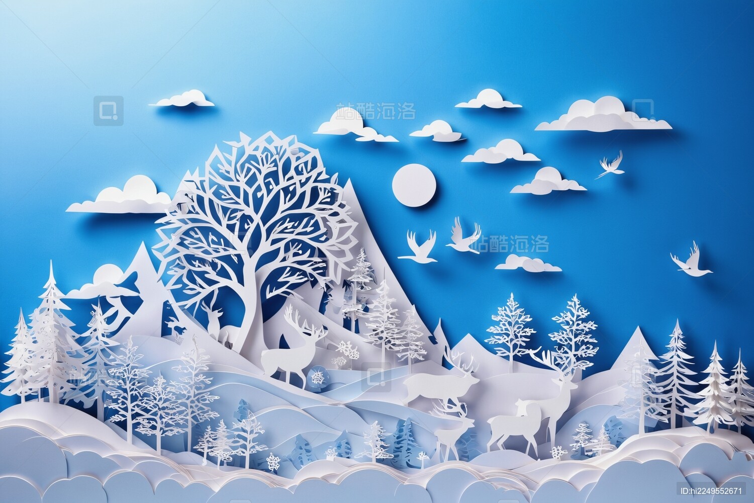 冬日森林艺术剪纸画主题