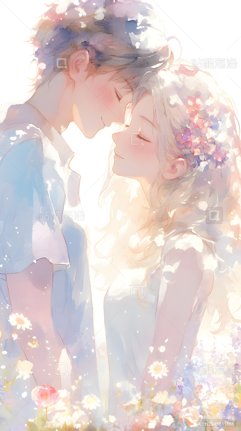 水彩风格动漫情侣甜蜜拥抱