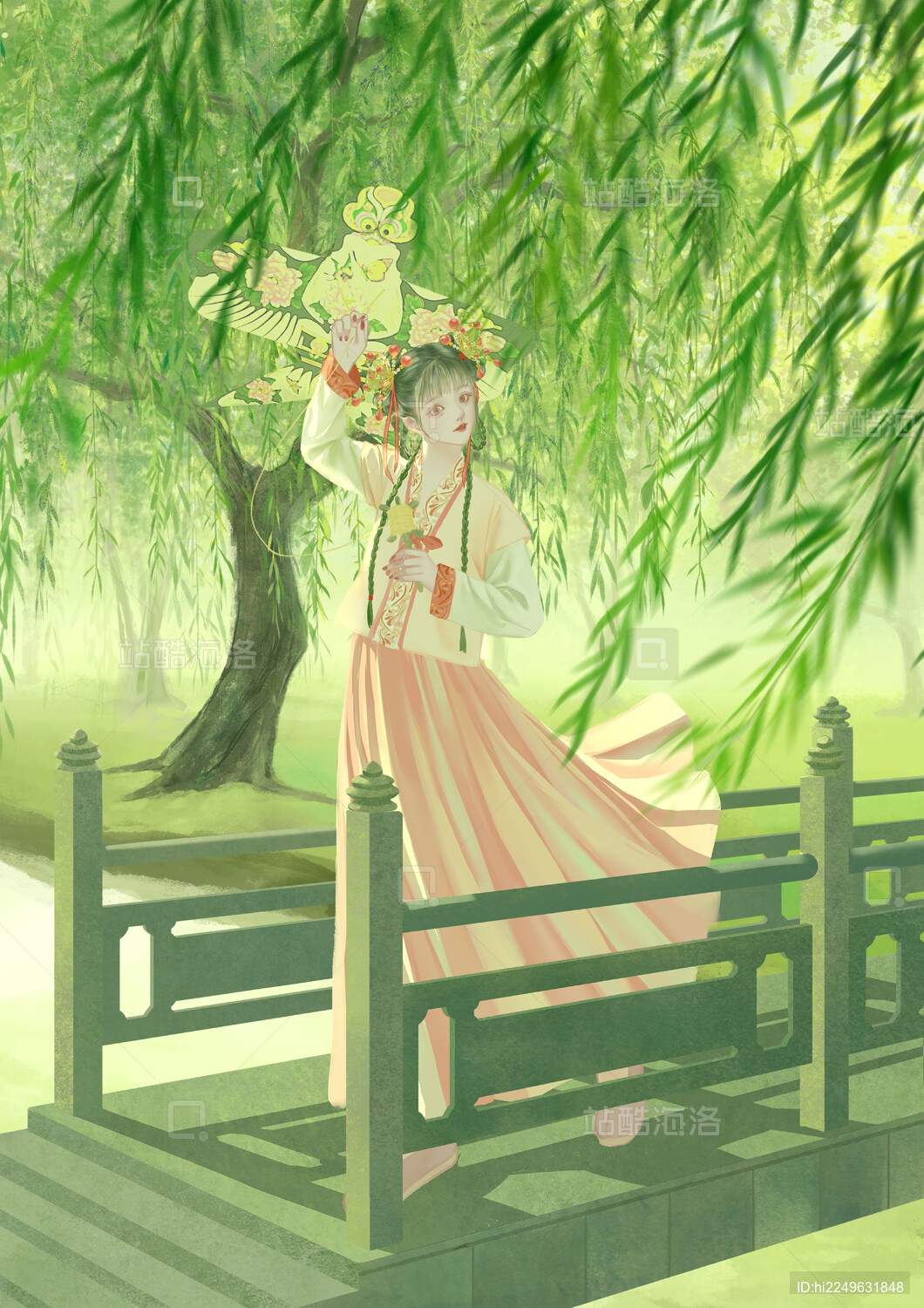 古风汉服古装女人拿着风筝站在古桥上柳树