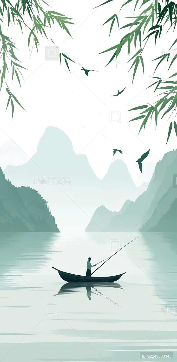 湖中划船的人的剪影