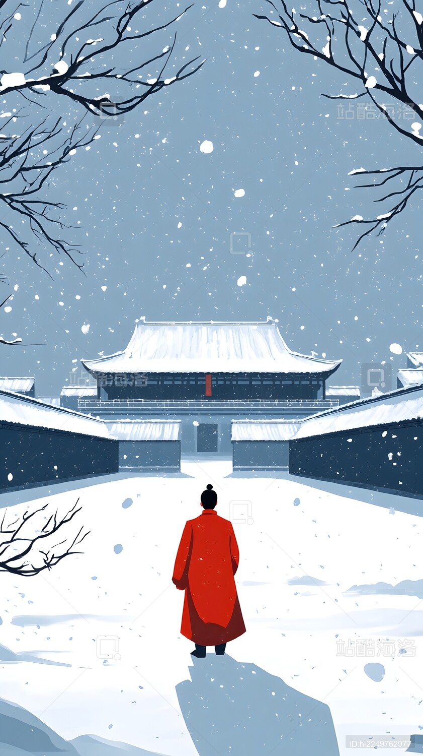 雪中宫殿与红衣人
