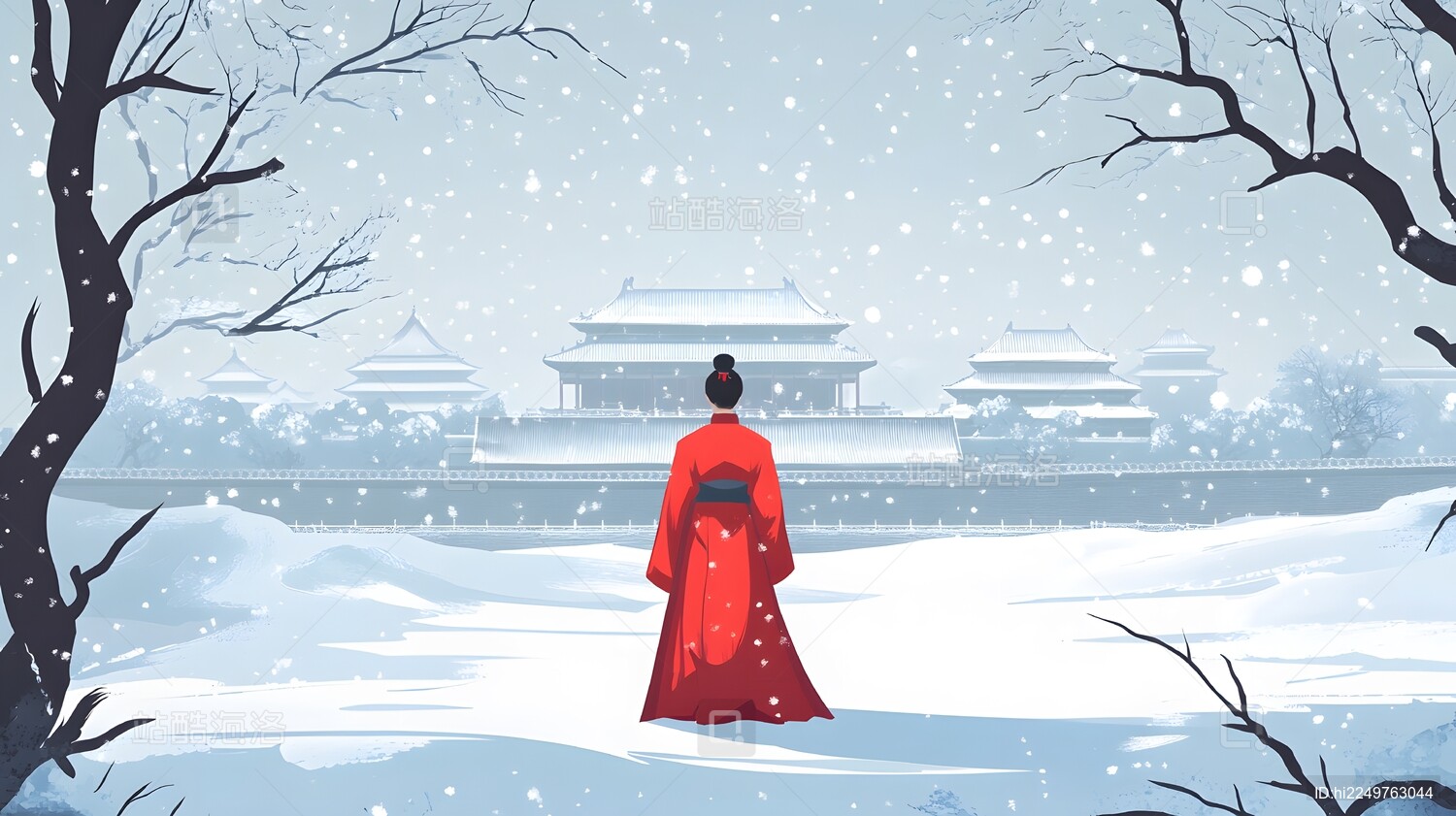 雪中宫殿与红衣人