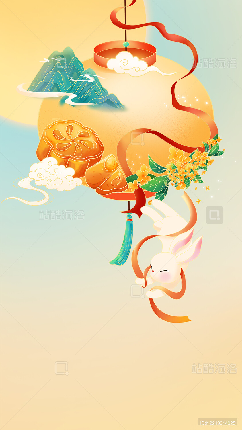 中式国潮中秋节兔子灯笼月饼组合插画