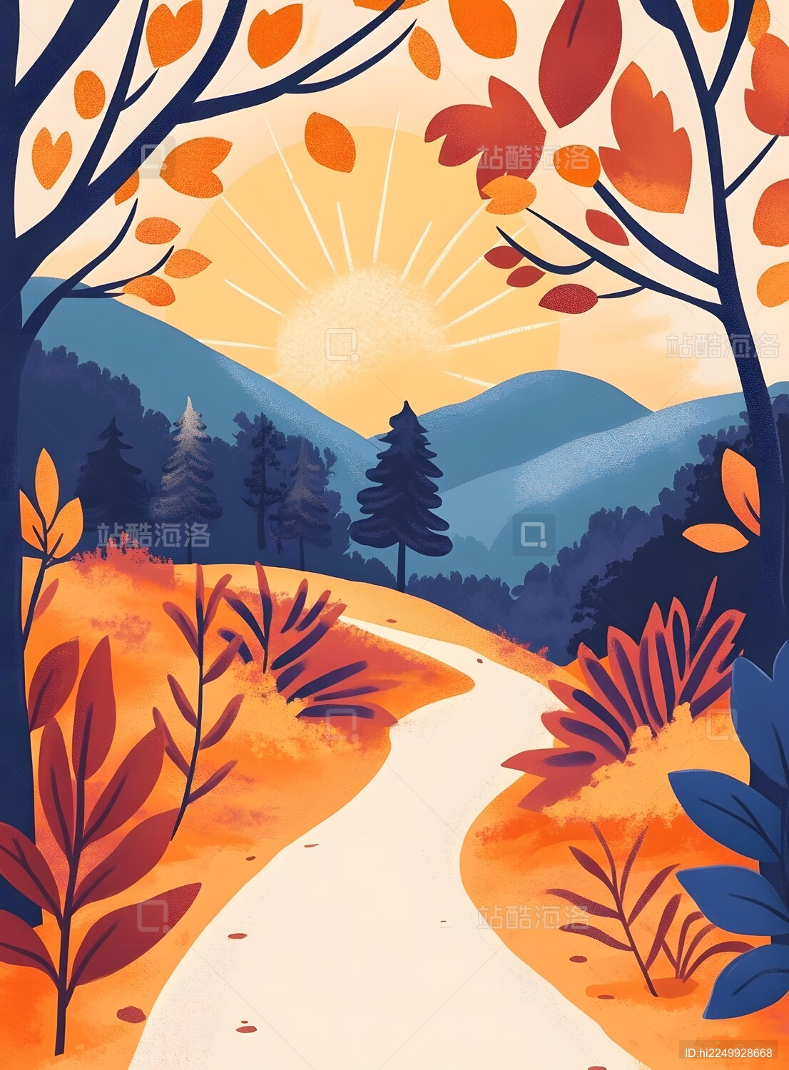 秋日山间小路风景插画