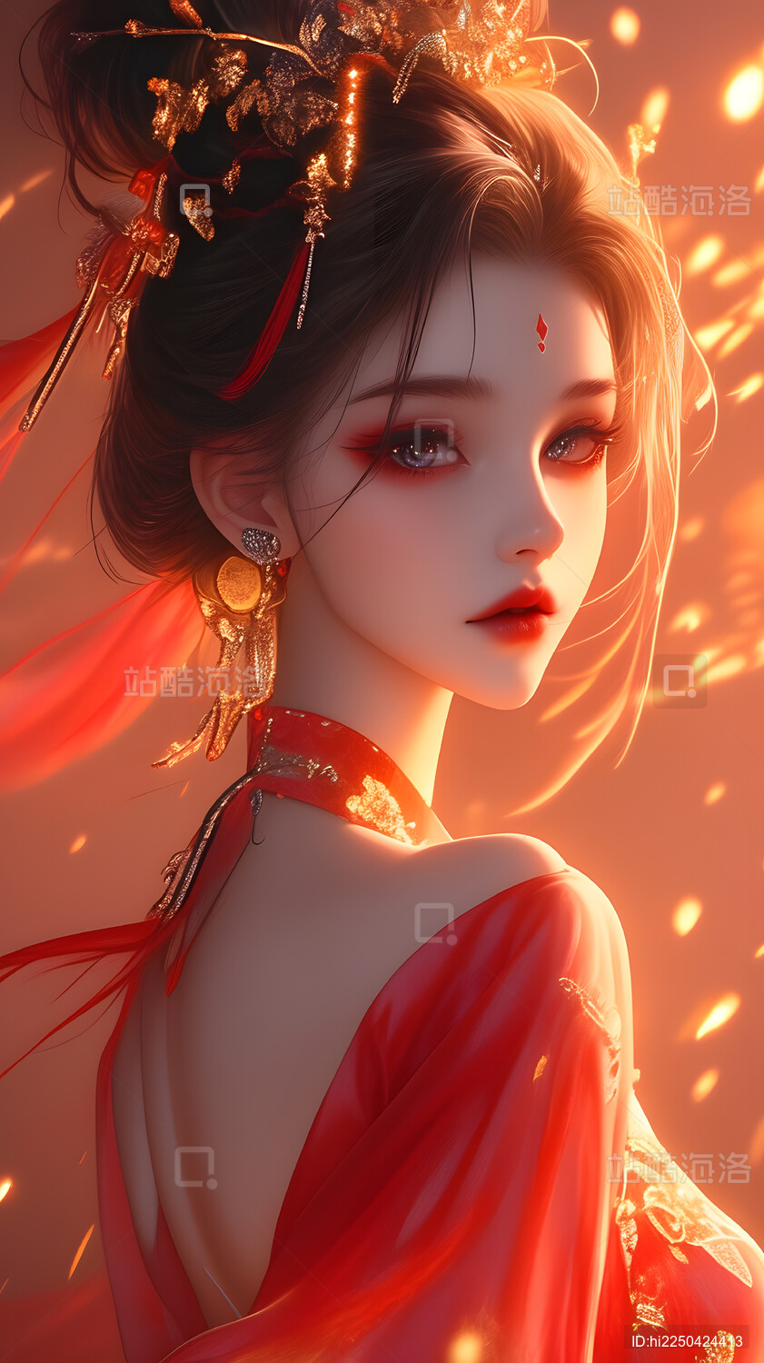 红衣女子唯美古风插画