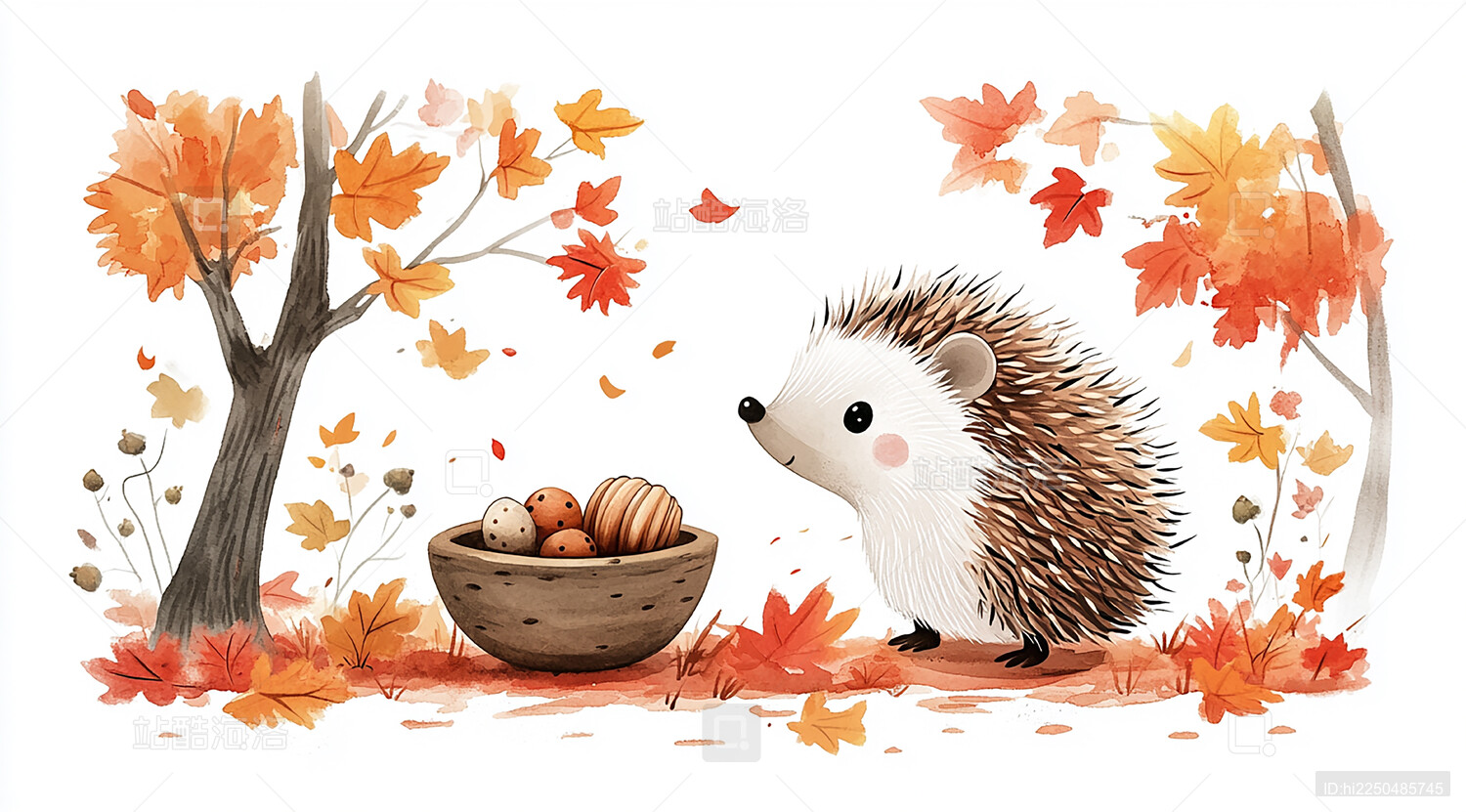 秋季在枫叶林中的小动物刺猬插画