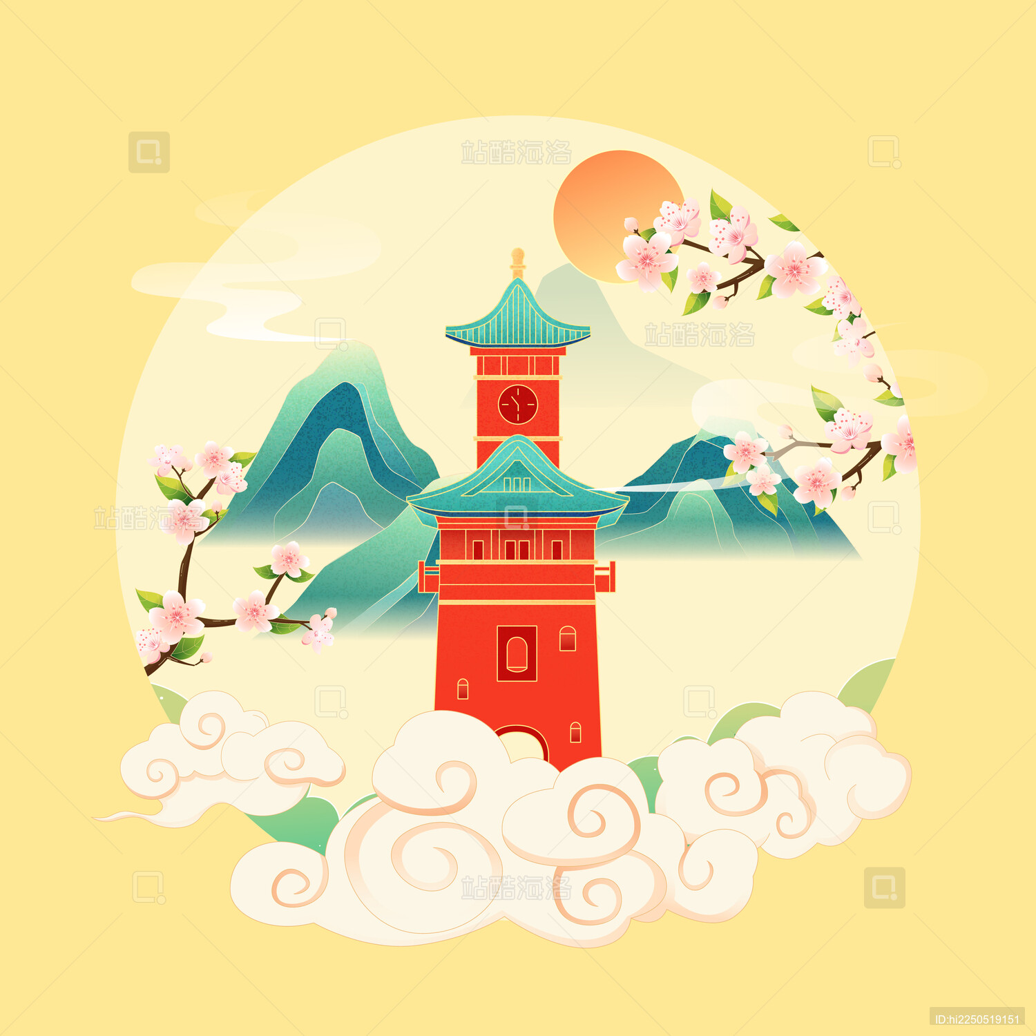 国风成都城市建筑立春节气矢量插画海报