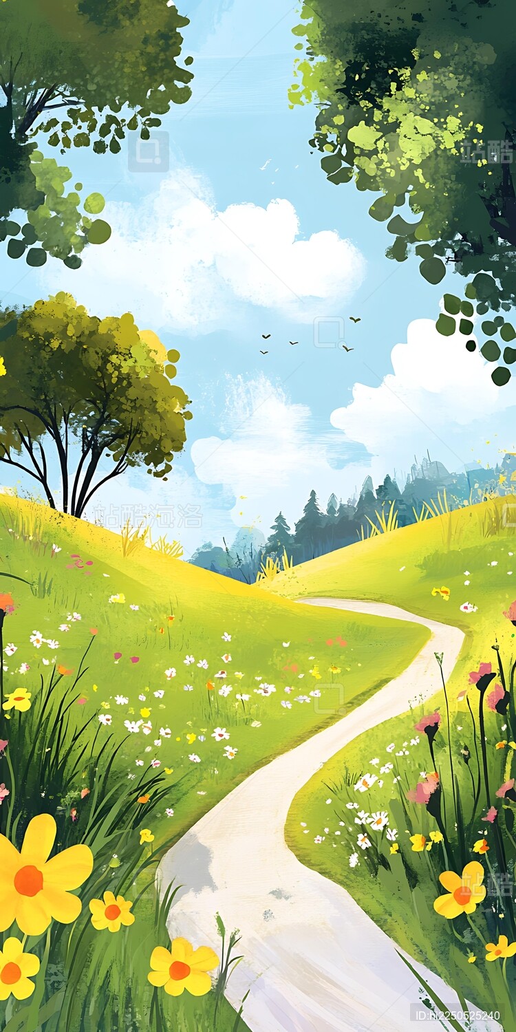 花海中的白色蜿蜒小路插画