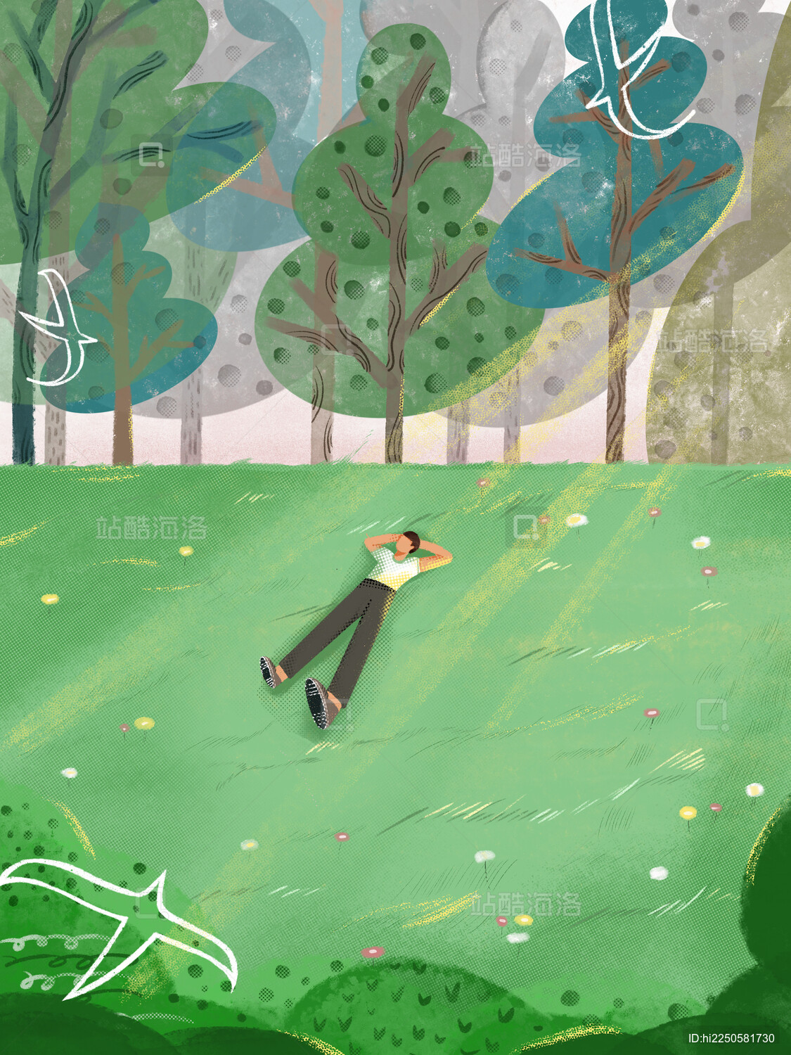 少年躺在阳光下的草地上做白日梦