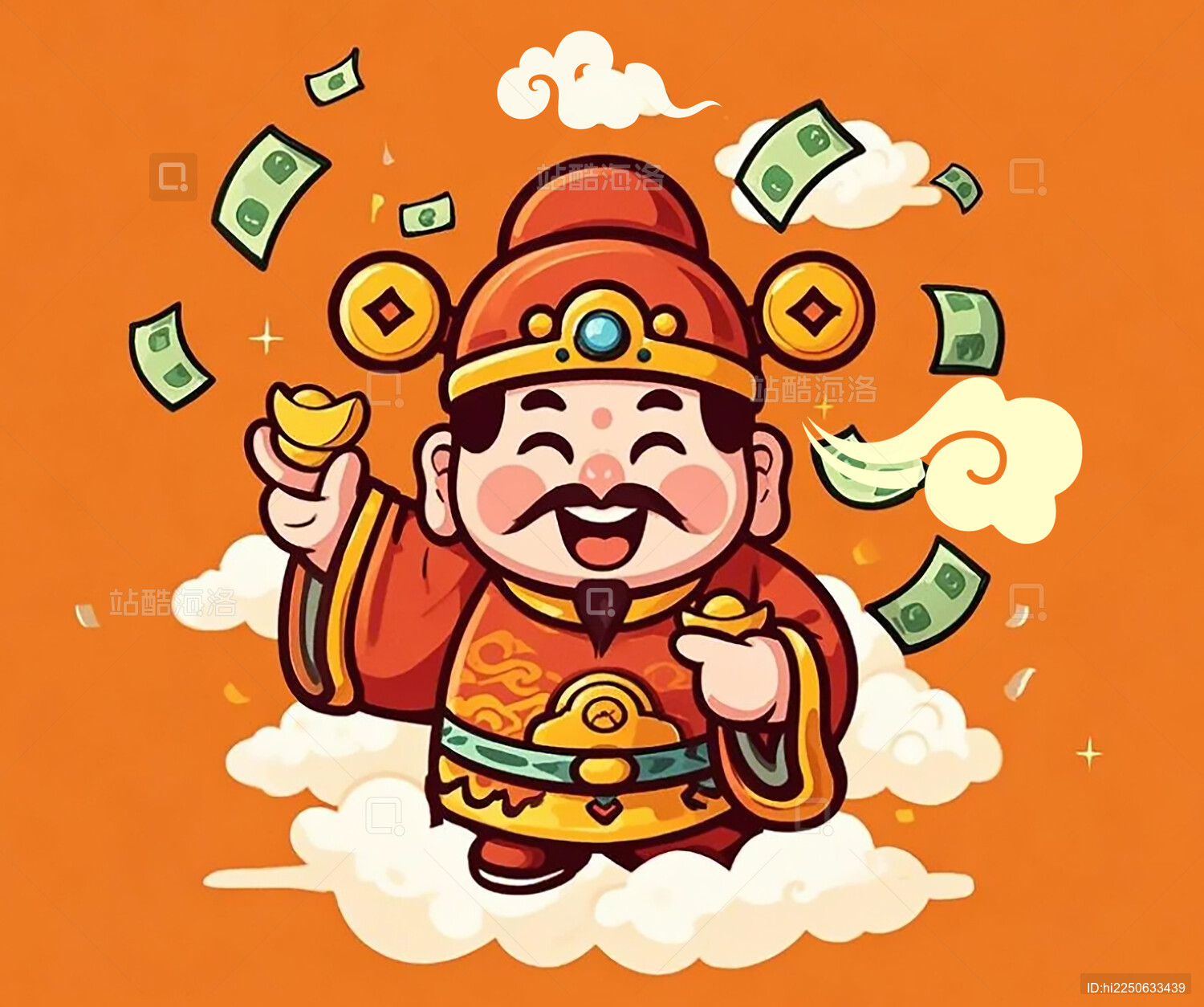 橙色背景上的卡通财神形象