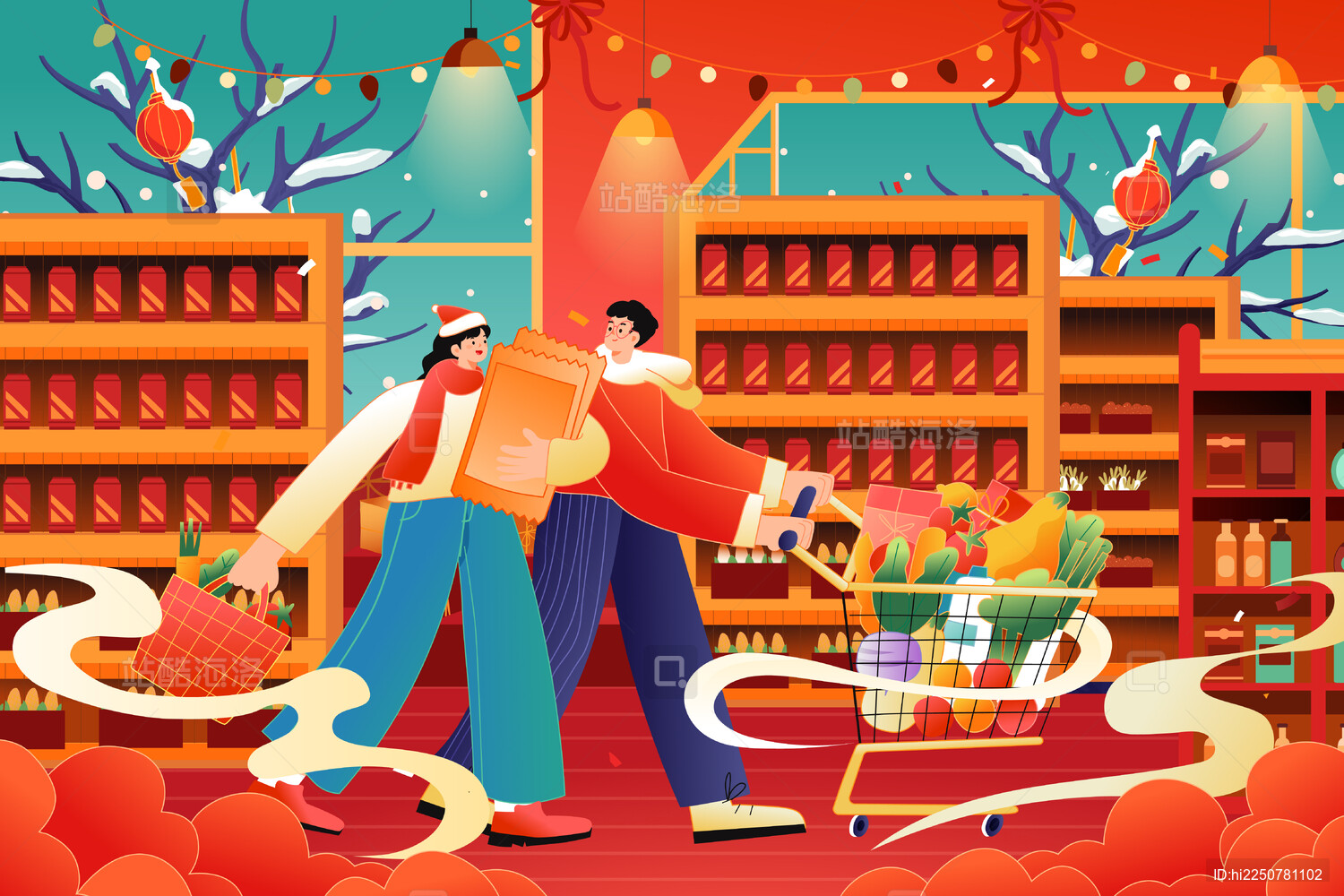 年货节春节逛超市矢量插画