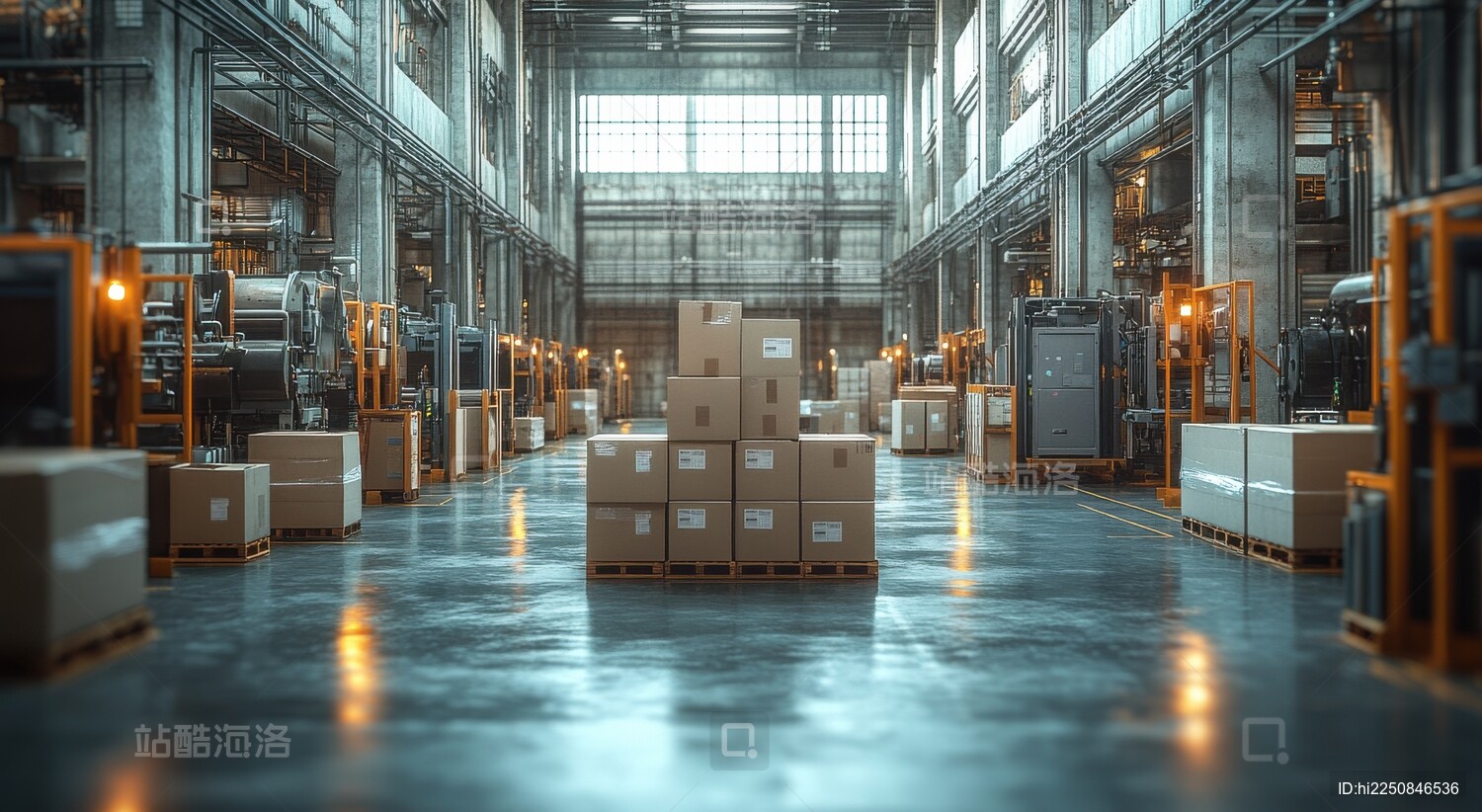 整齐堆放货架货物纸箱仓库物流中心室内背景