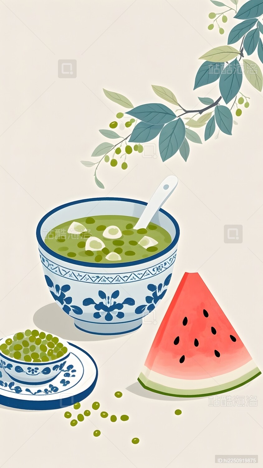 夏天绿豆汤和西瓜插画