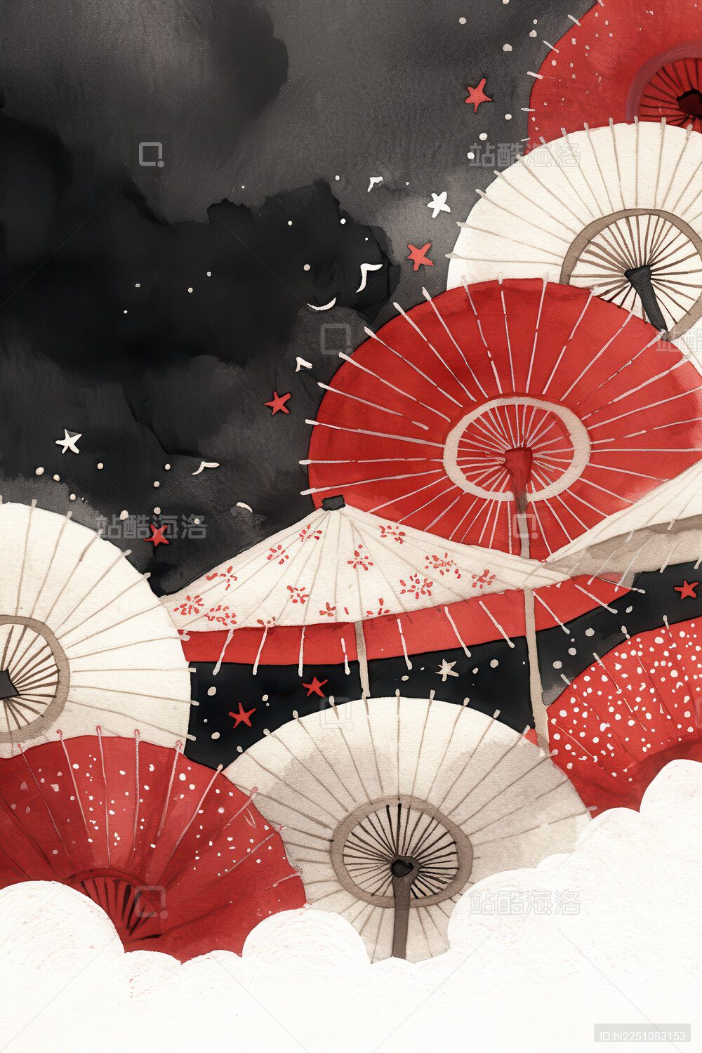 红白油纸伞夜空图