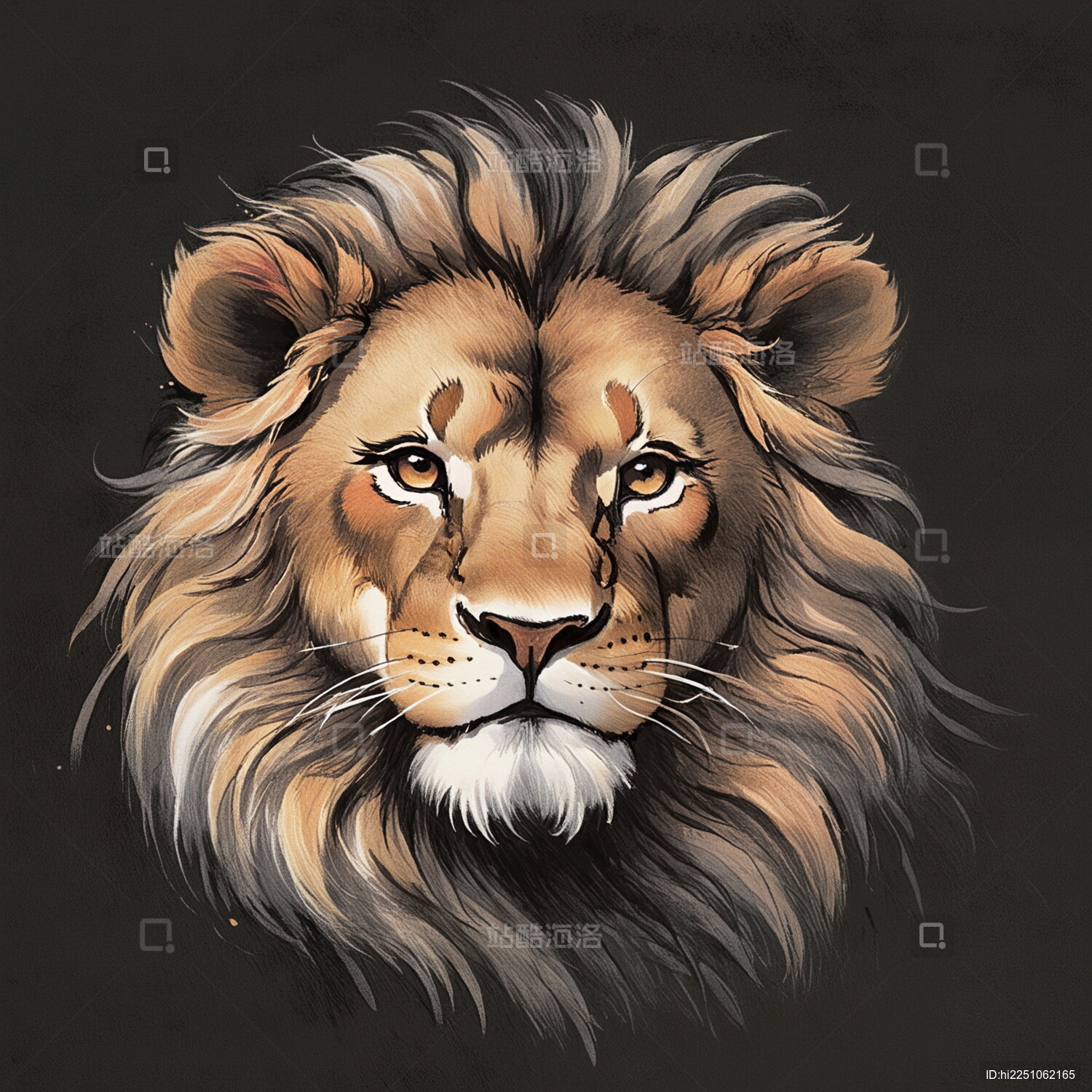 黑色背景狮子头部头像兽王复古插画