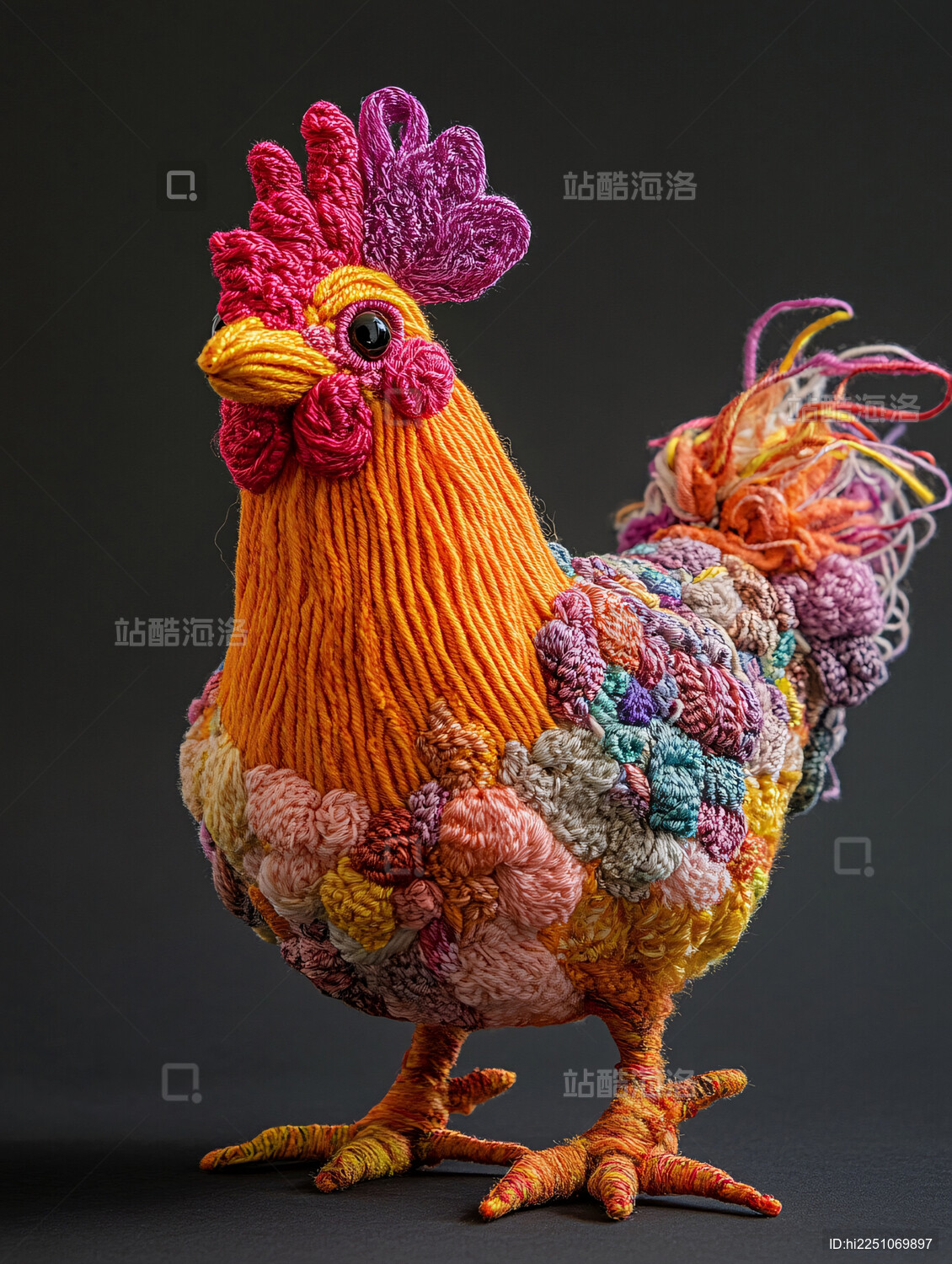 色彩斑斓的毛线公鸡艺术品