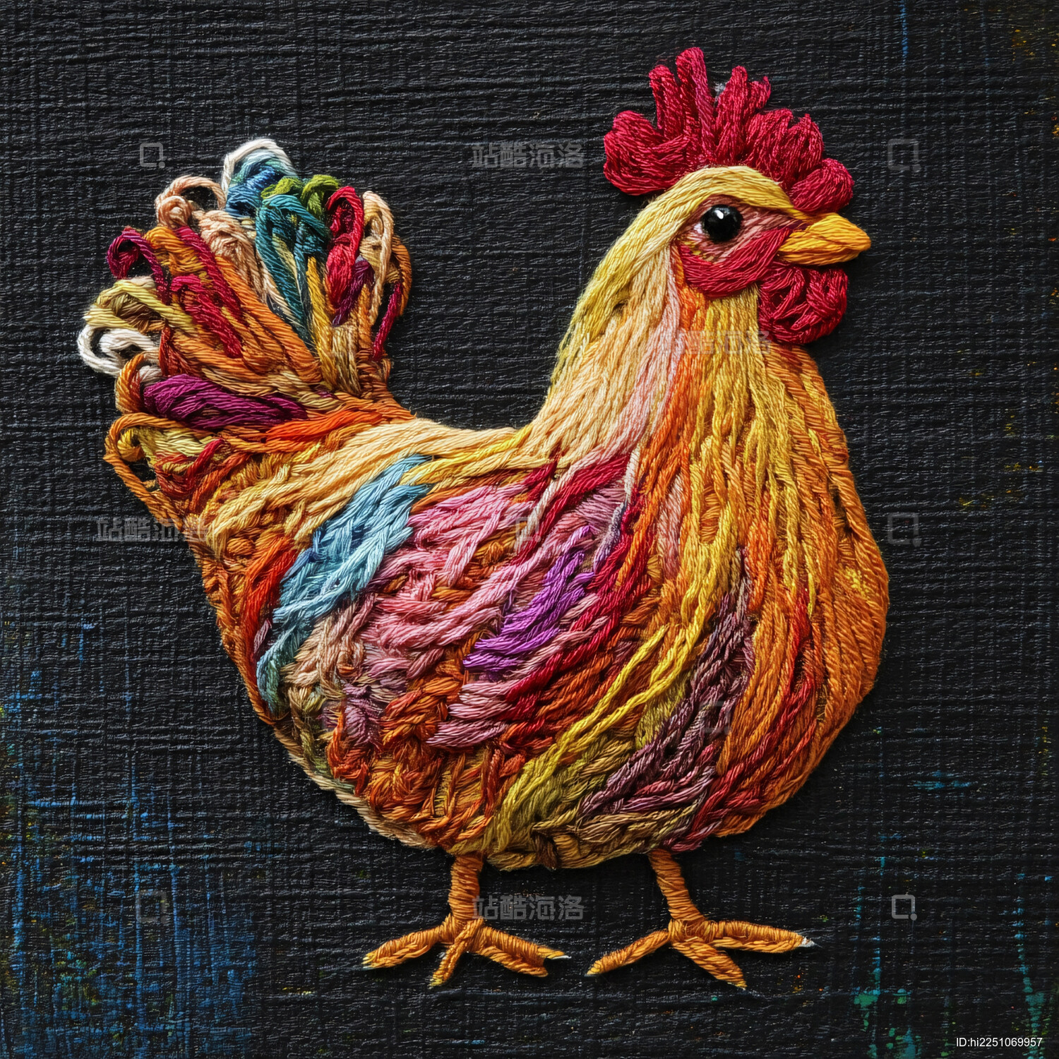 线绣多彩公鸡图