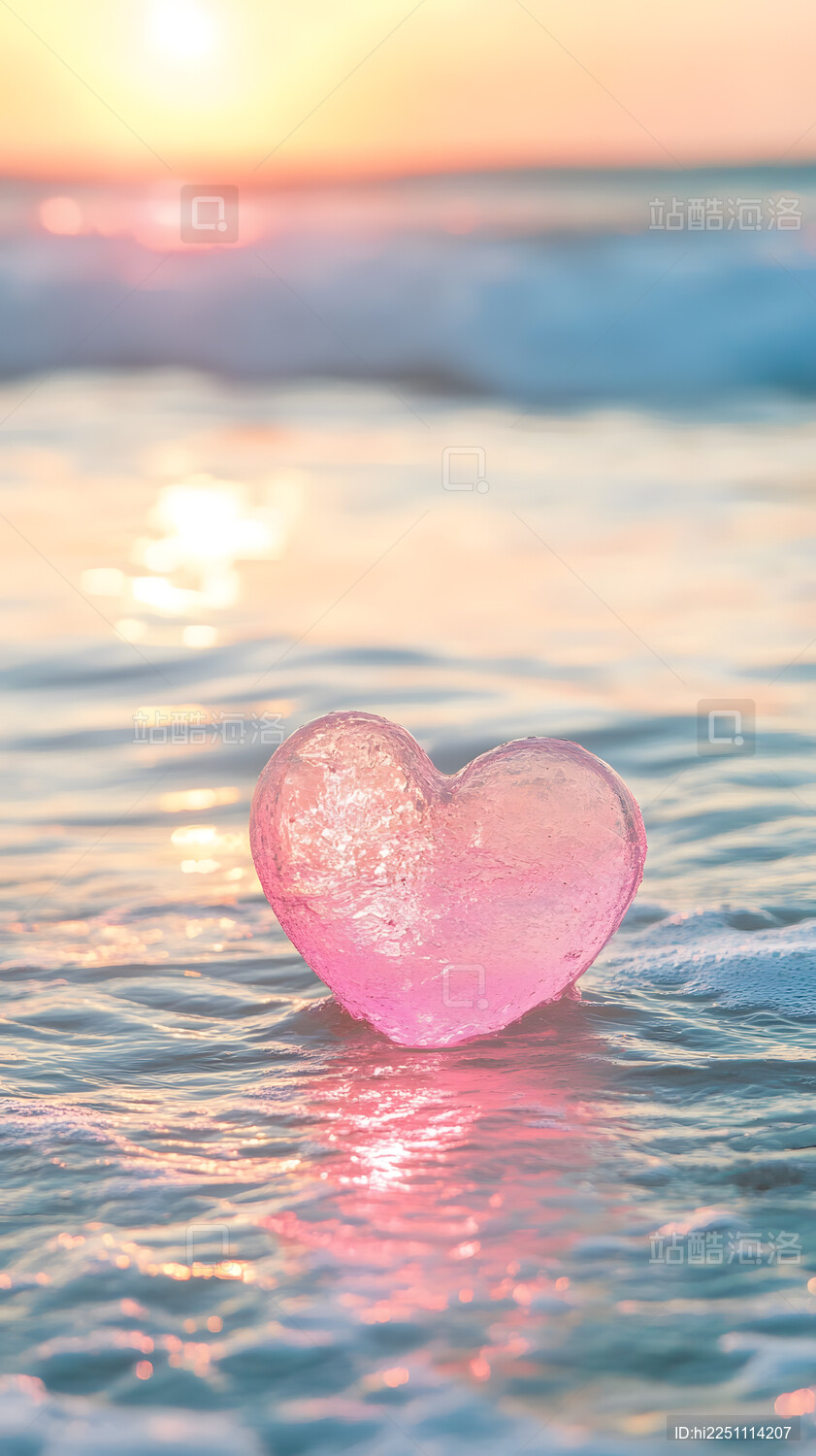 粉色心形玻璃漂浮在海边日落