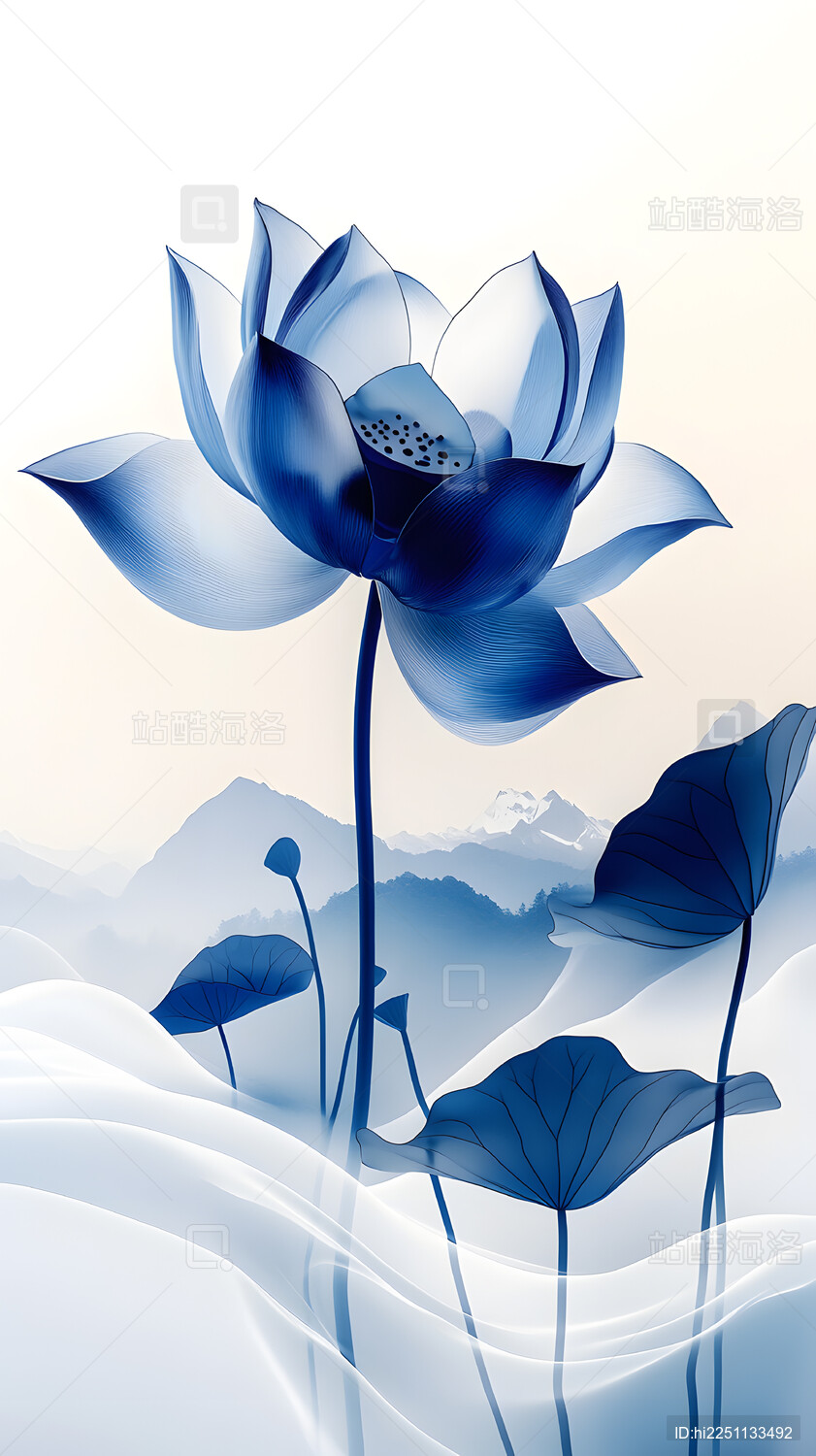 水墨蓝莲花山峦意境图