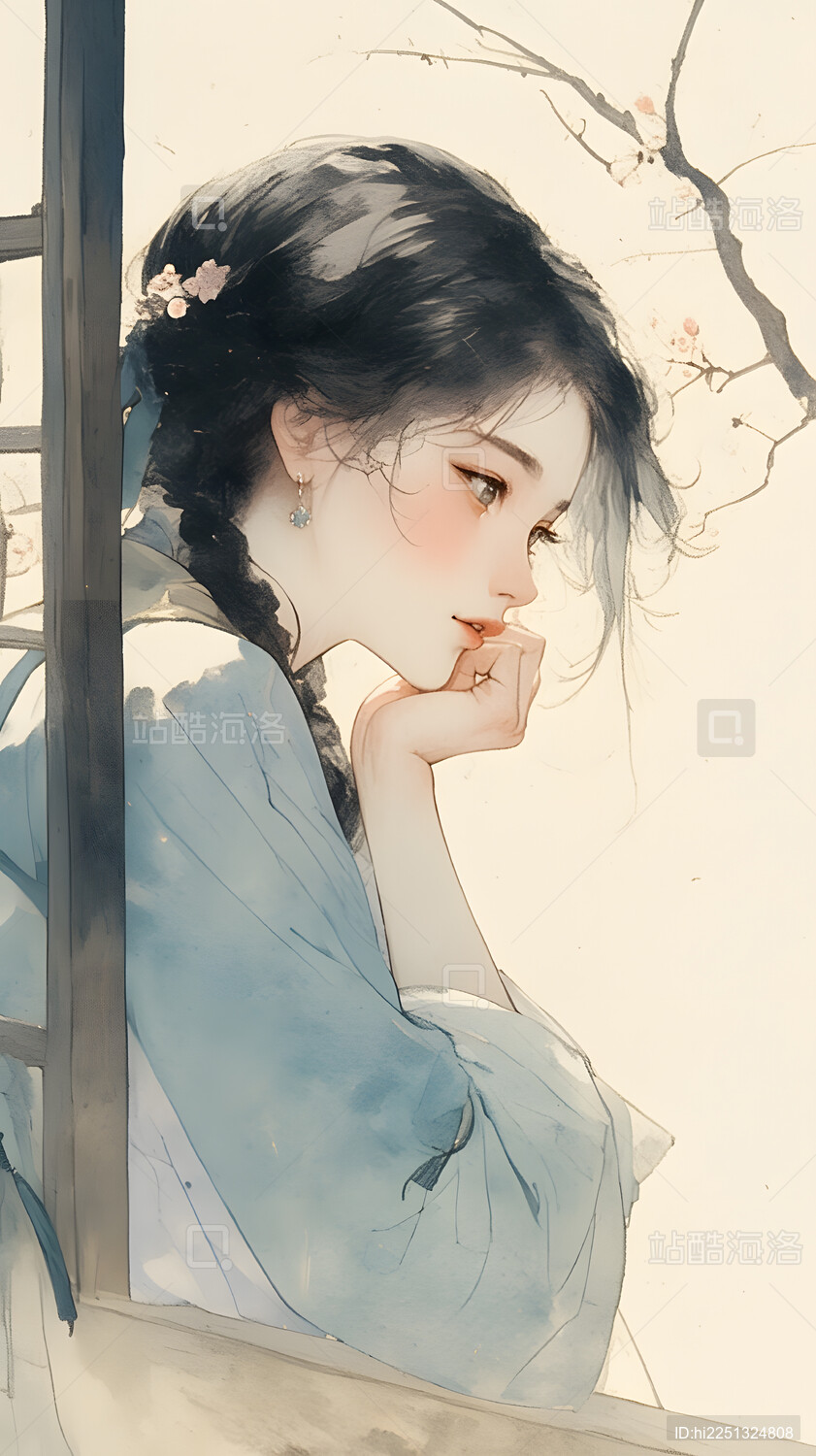 温柔女子侧脸凝望远方唯美意境图