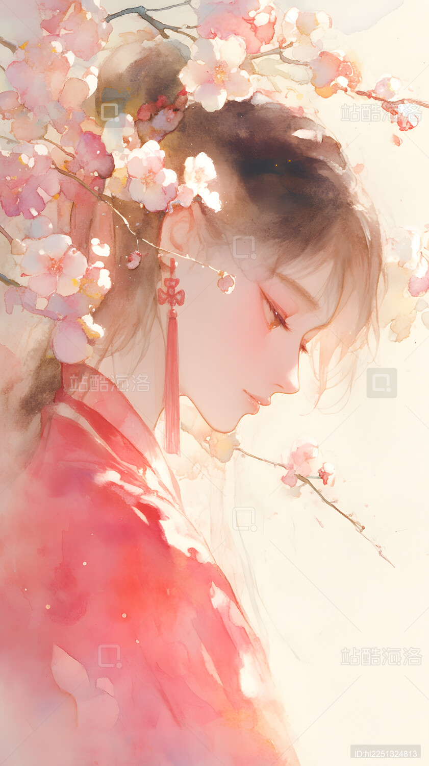 粉色樱花下温柔女子红衣侧颜