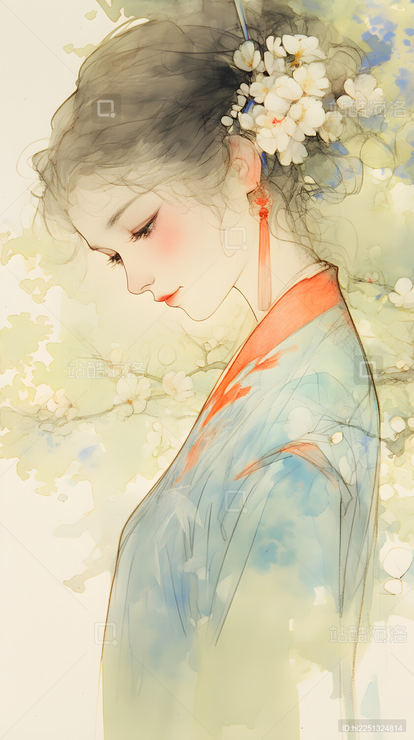 温柔女子樱花树下侧颜图