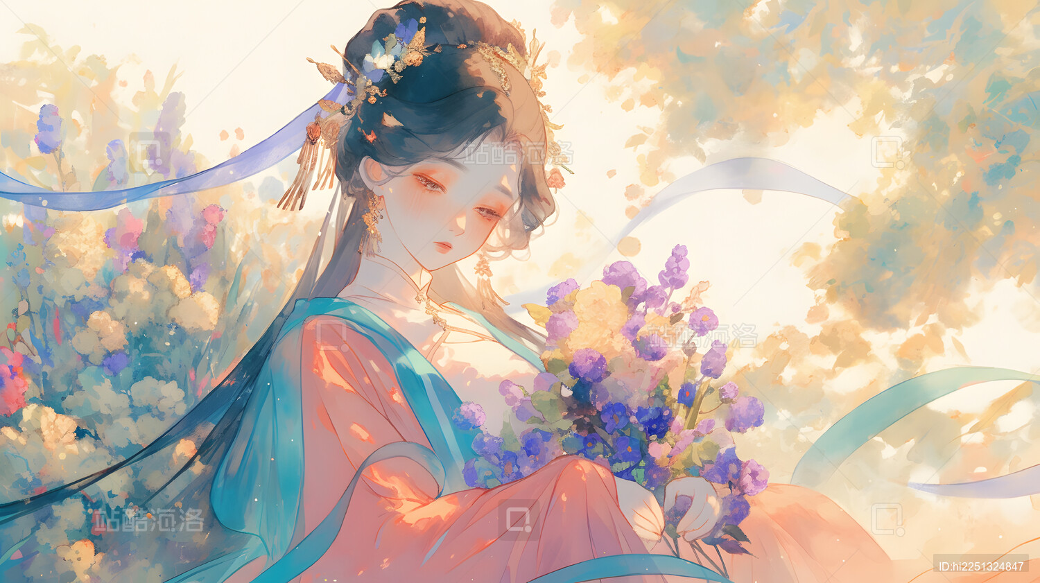 温柔女子花间轻抚花束唯美意境