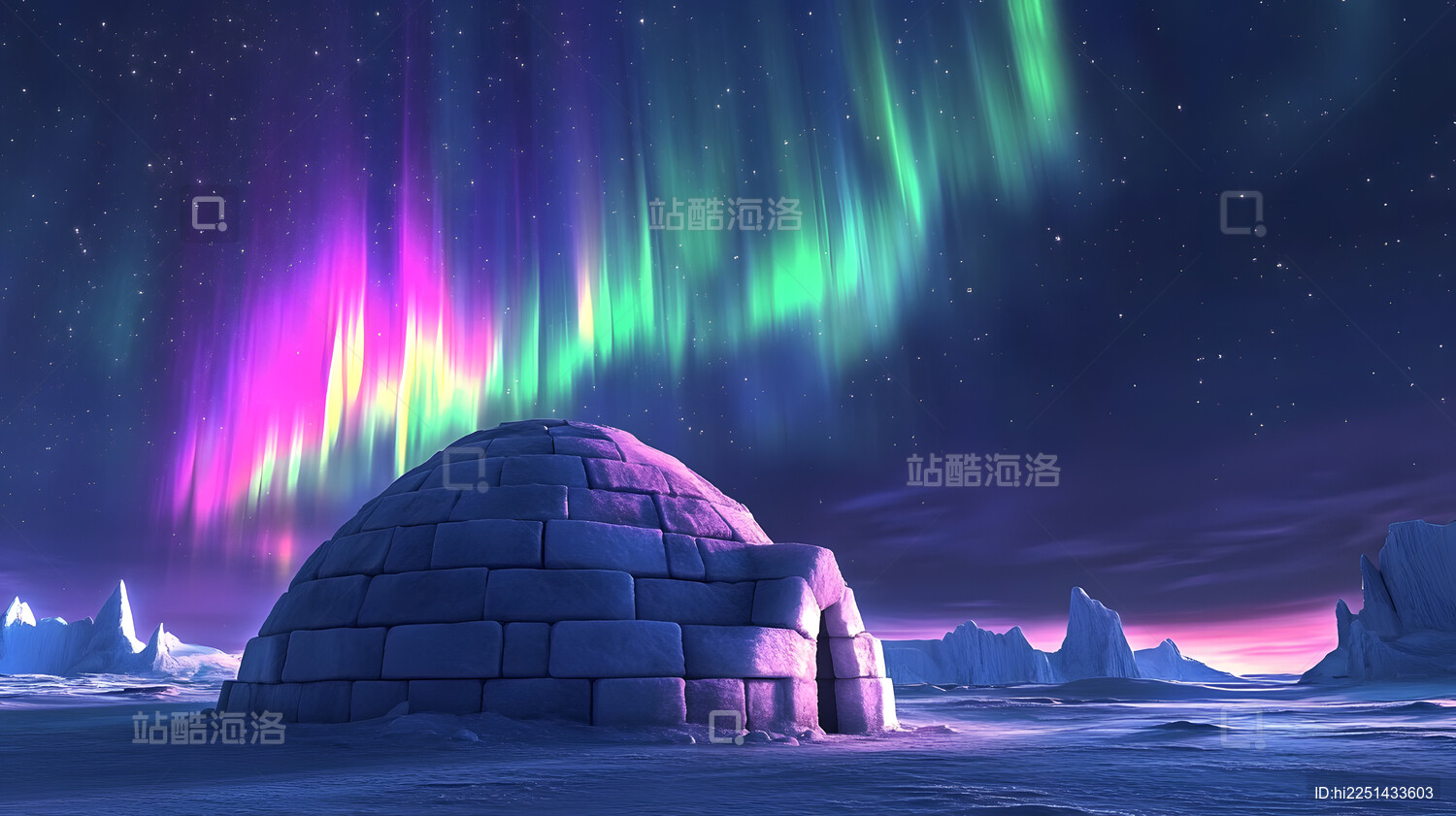 极光下的冰屋雪景