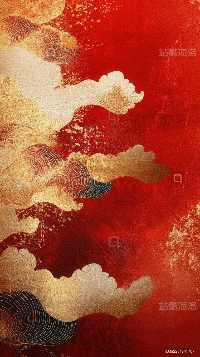 金色浪花红色背景抽象画