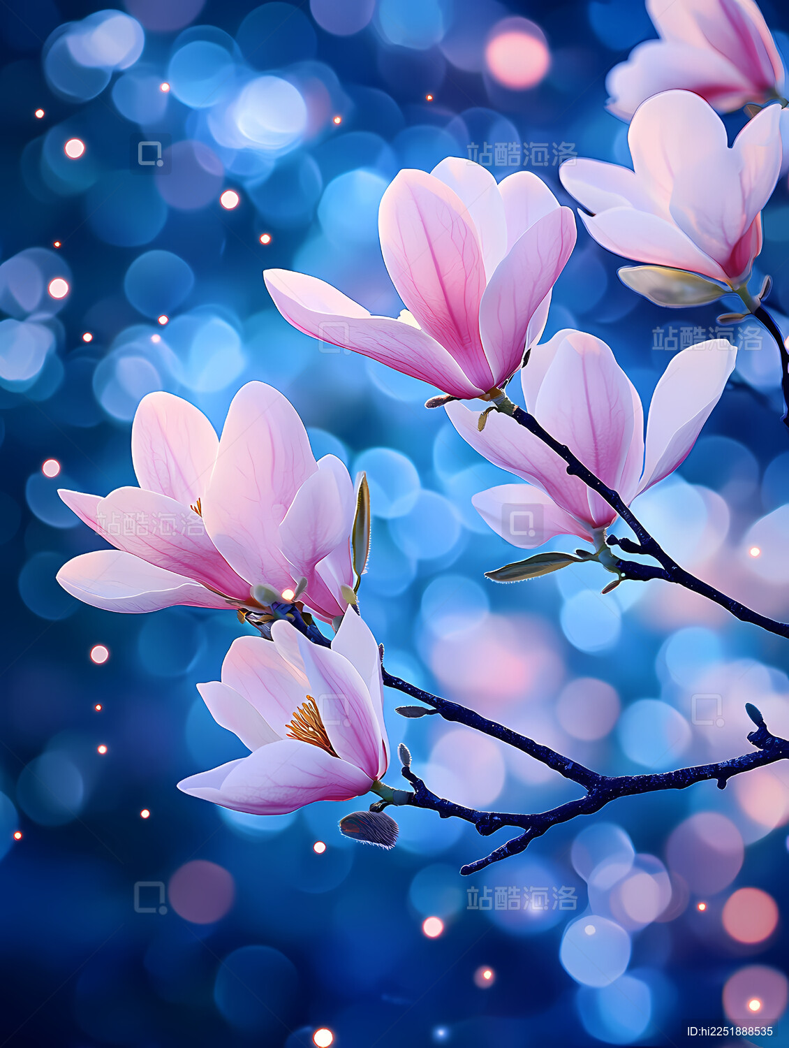 梦幻蓝背景下绽放的粉玉兰花