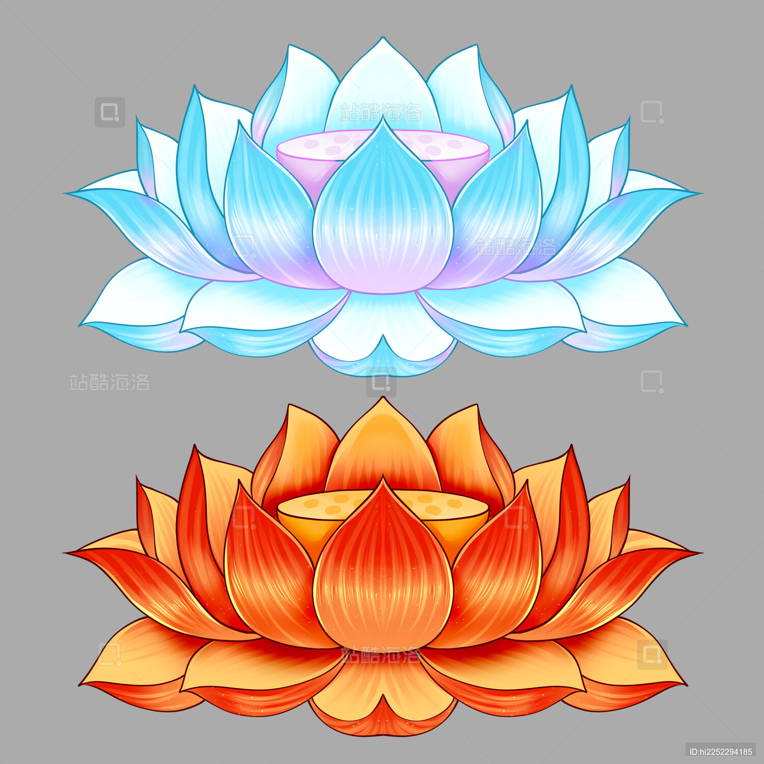 手绘中式莲花宝莲素材荷花