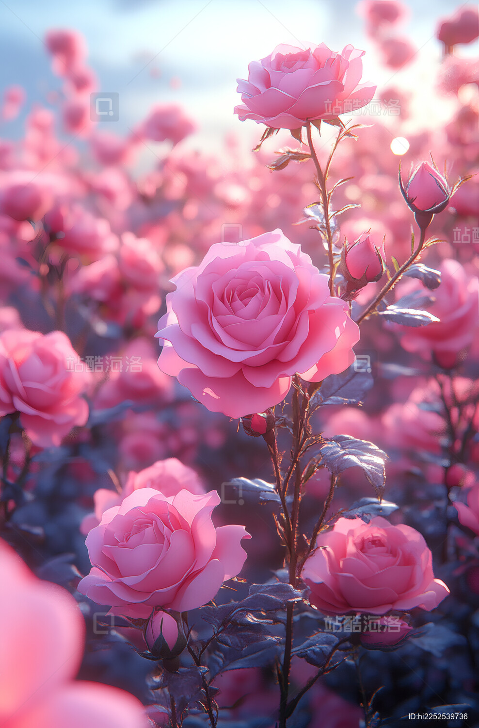 梦幻粉色玫瑰花田日出