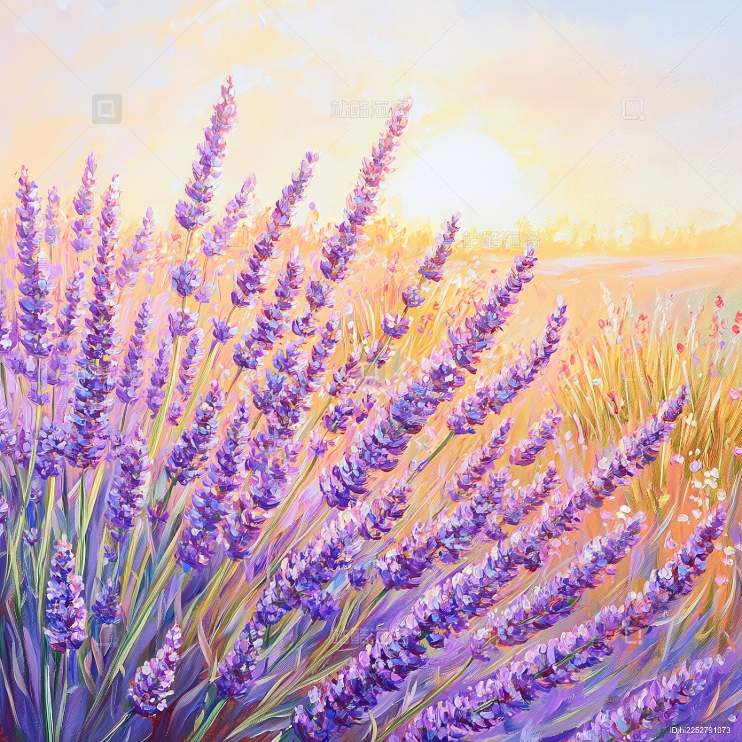 紫色薰衣草油画肌理笔触的花卉装饰画