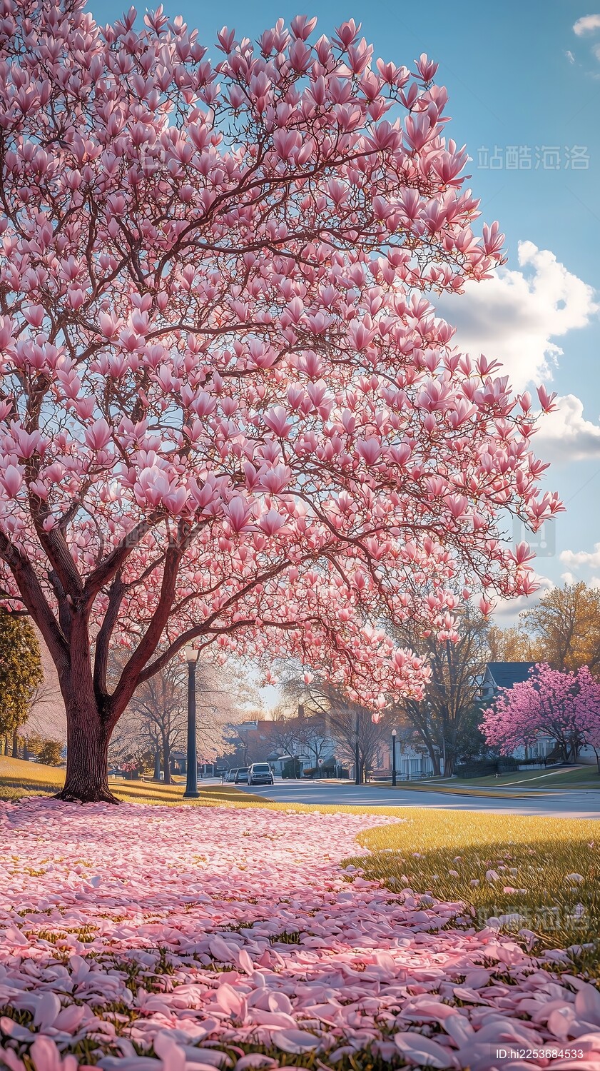 盛开着粉色繁花的静谧大树