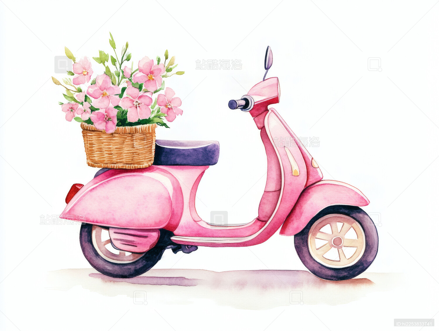 载着鲜花花篮的粉色电动车水彩插画