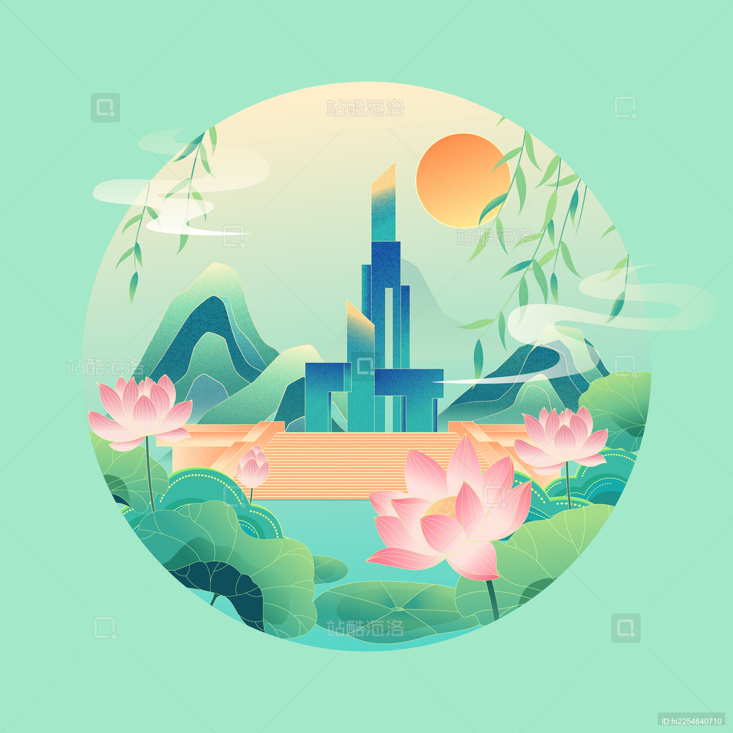 国风立夏节气石家庄城市建筑矢量插画