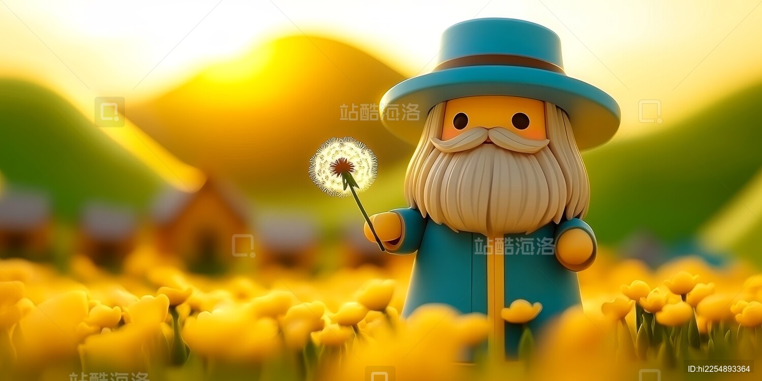 卡通老头与蒲公英