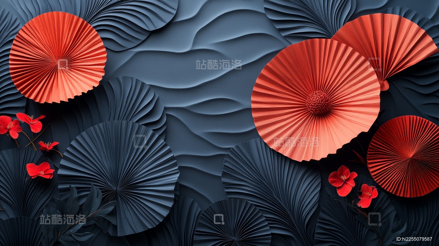 红花扇面中式装饰场景