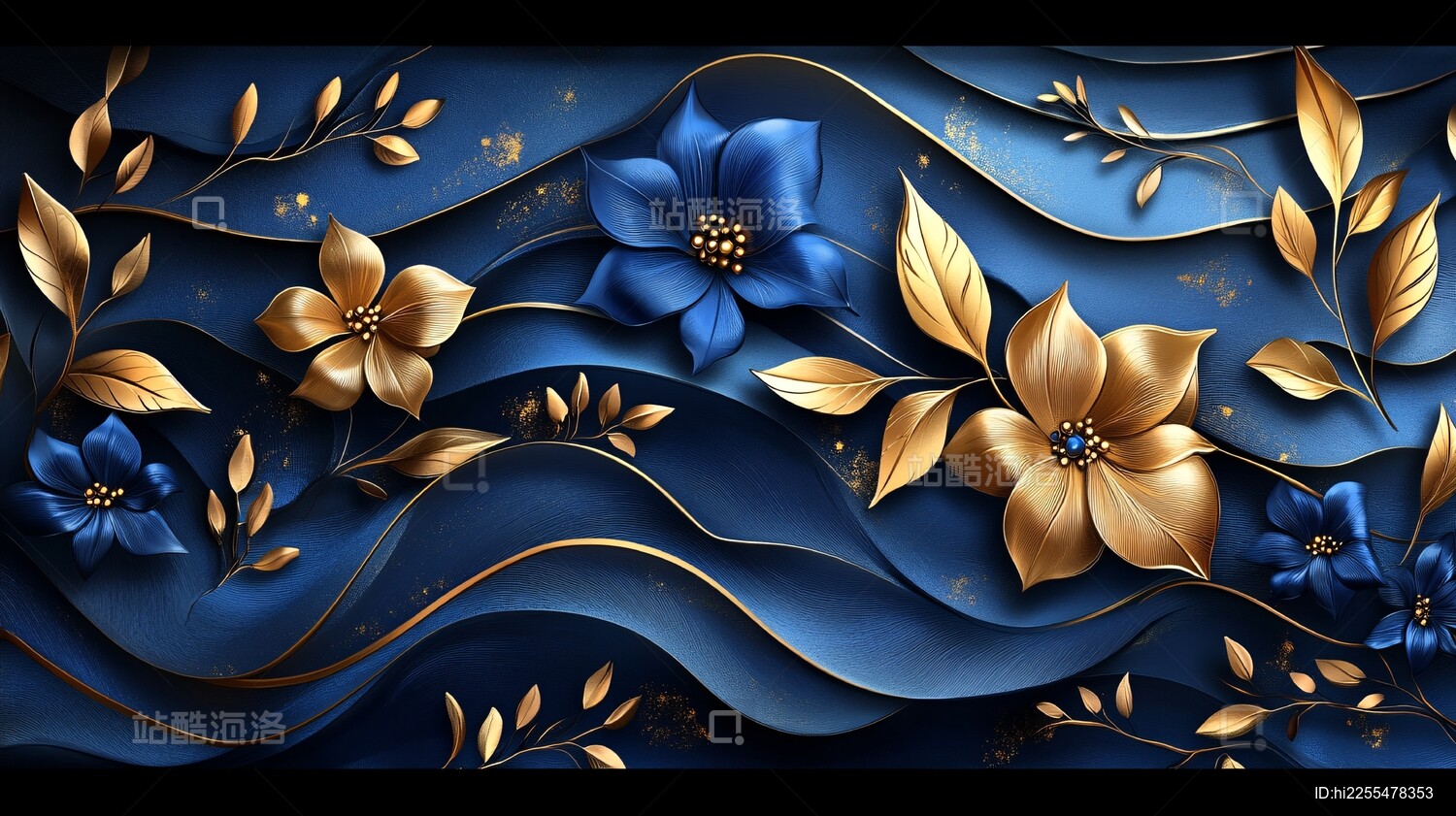 蓝金花卉波浪图案插画