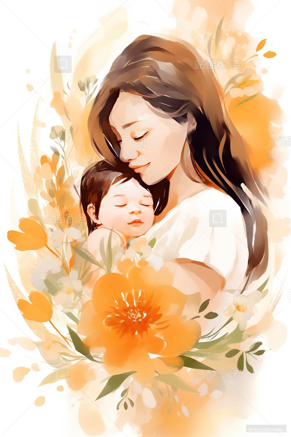 温柔的母亲怀抱着熟睡的婴儿