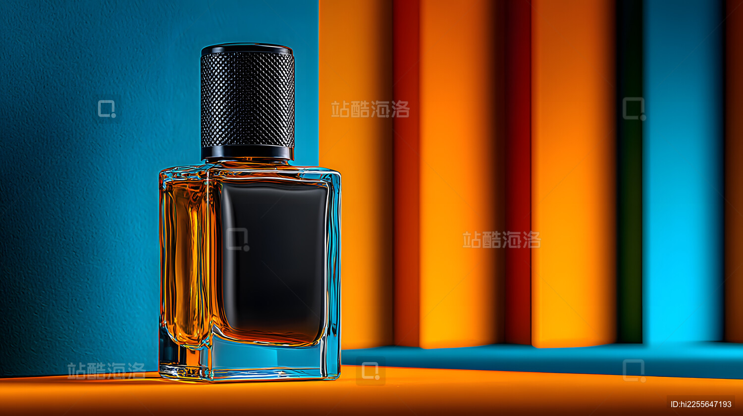 现代简约蓝橙色背景中的化妆品瓶子