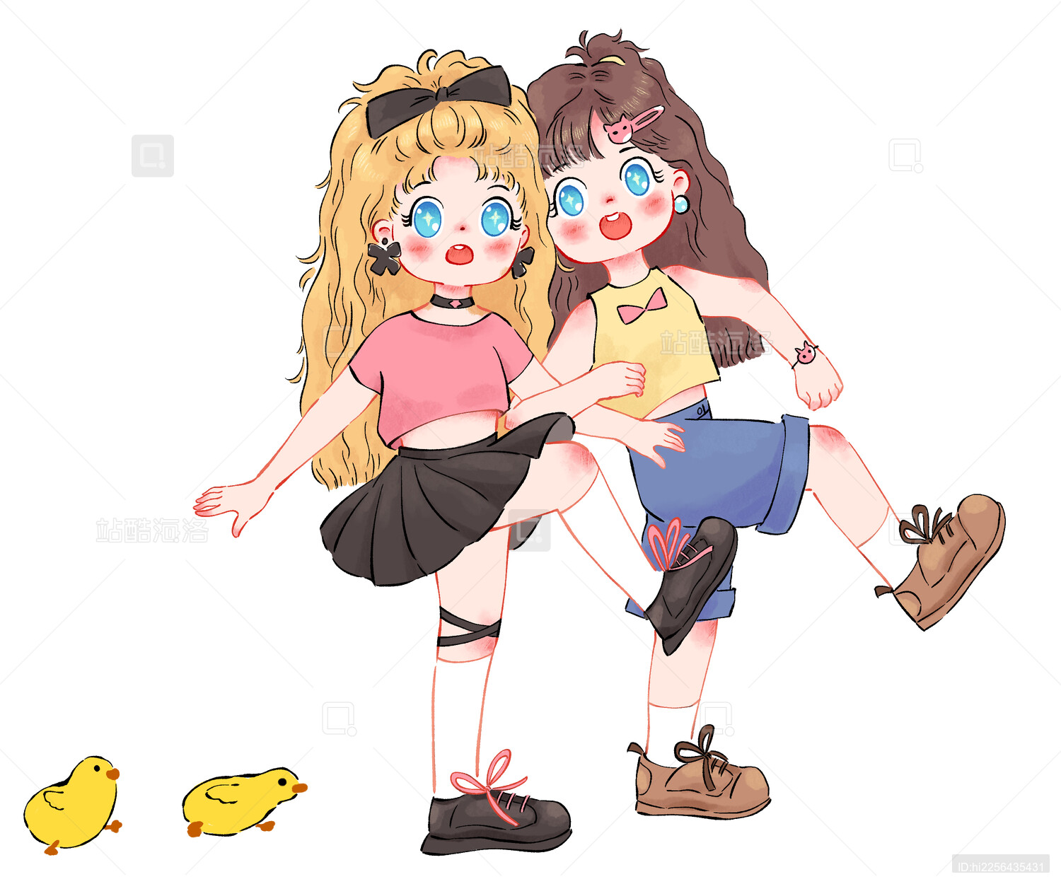 萌系可爱风两个女孩手挽手齐步走