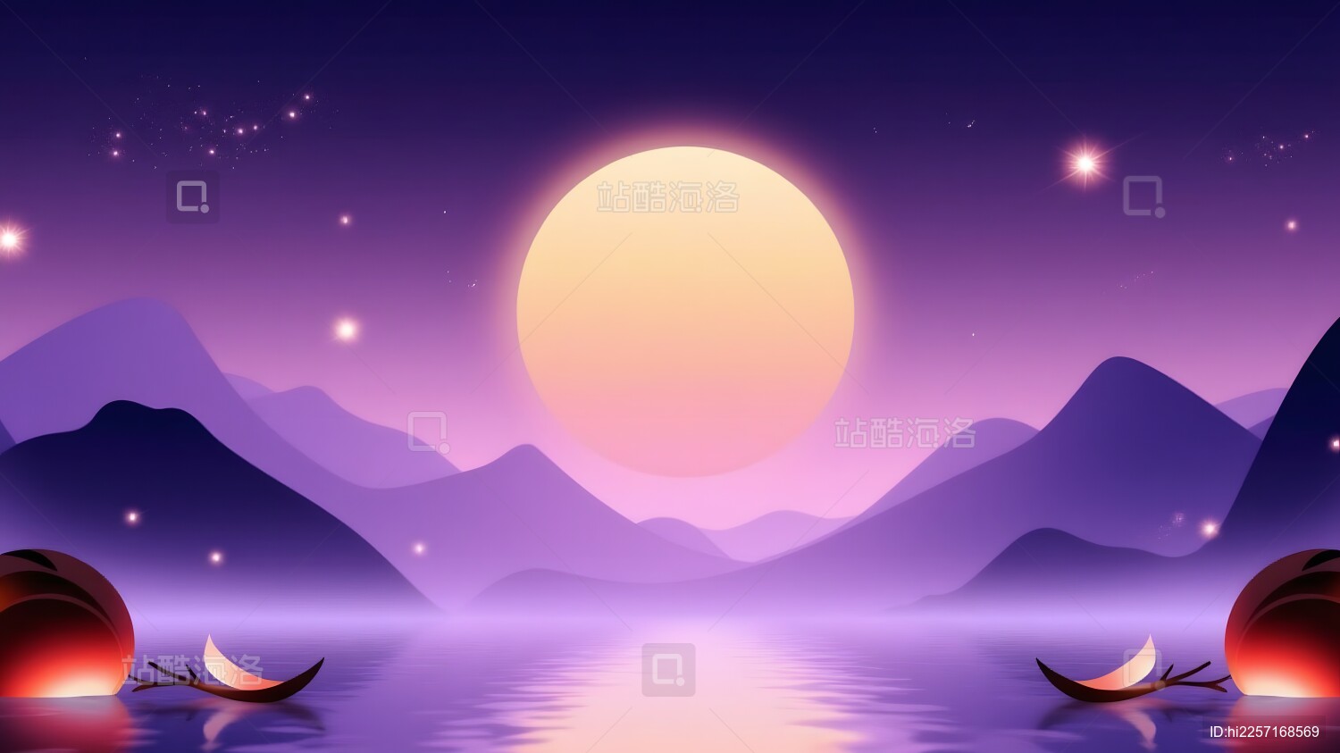 紫色夜空下的圆月与山峦