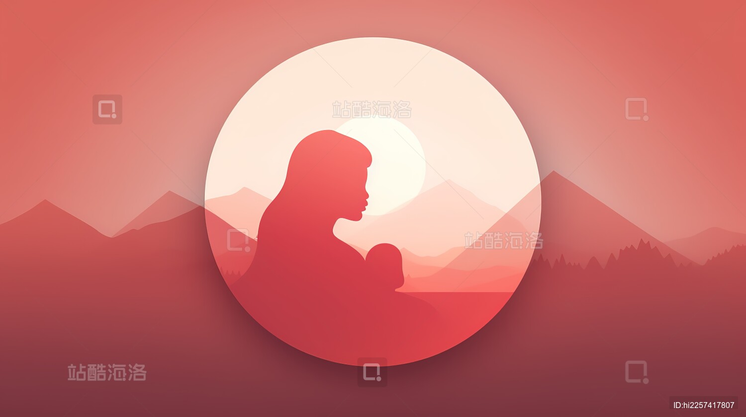 温柔女子怀抱婴儿日落剪影