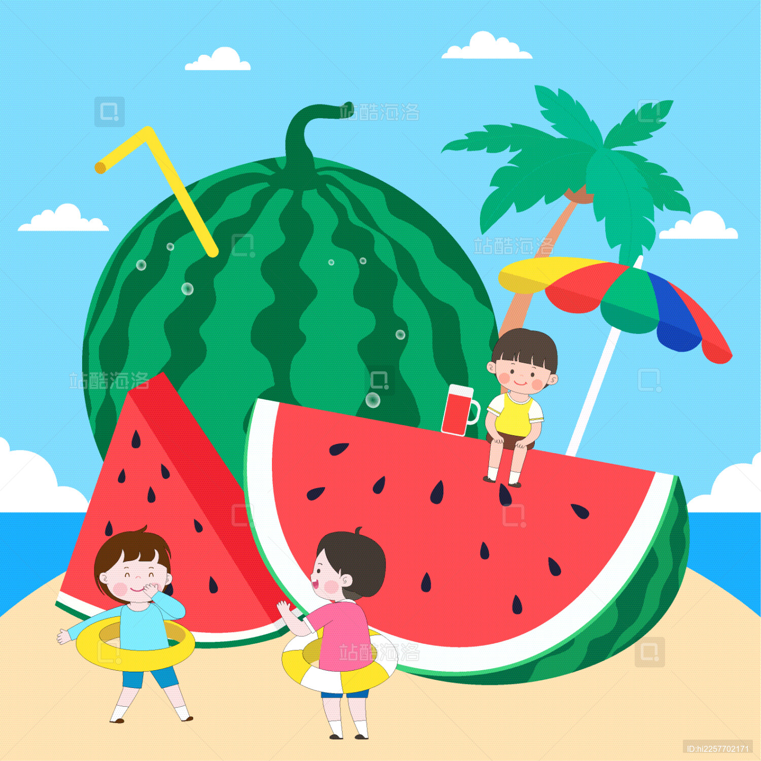 卡通儿童夏季暑假一起吃西瓜玩耍做游戏插画