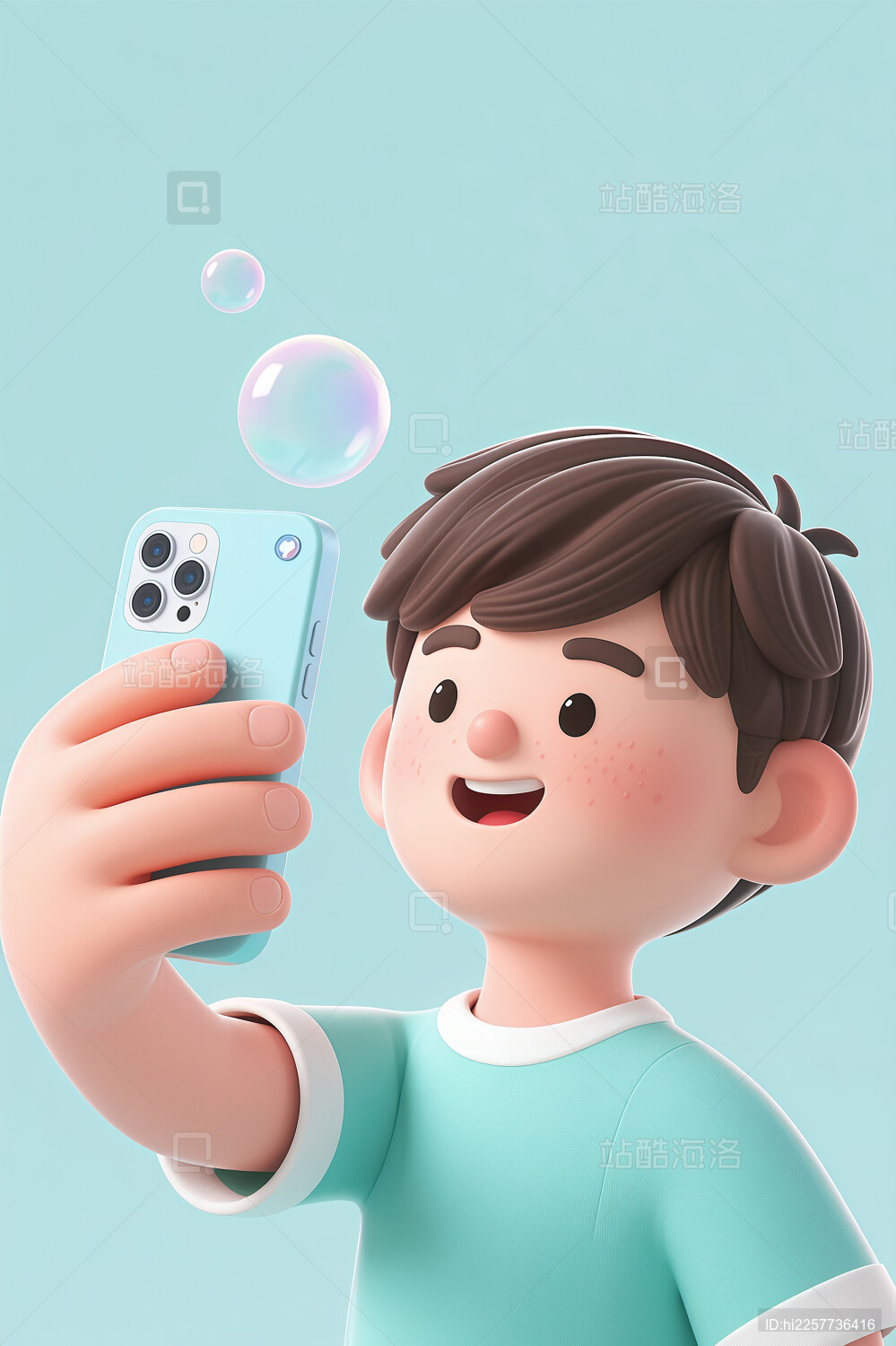 少年手拿手机自拍刷朋友圈3d立体设计插画