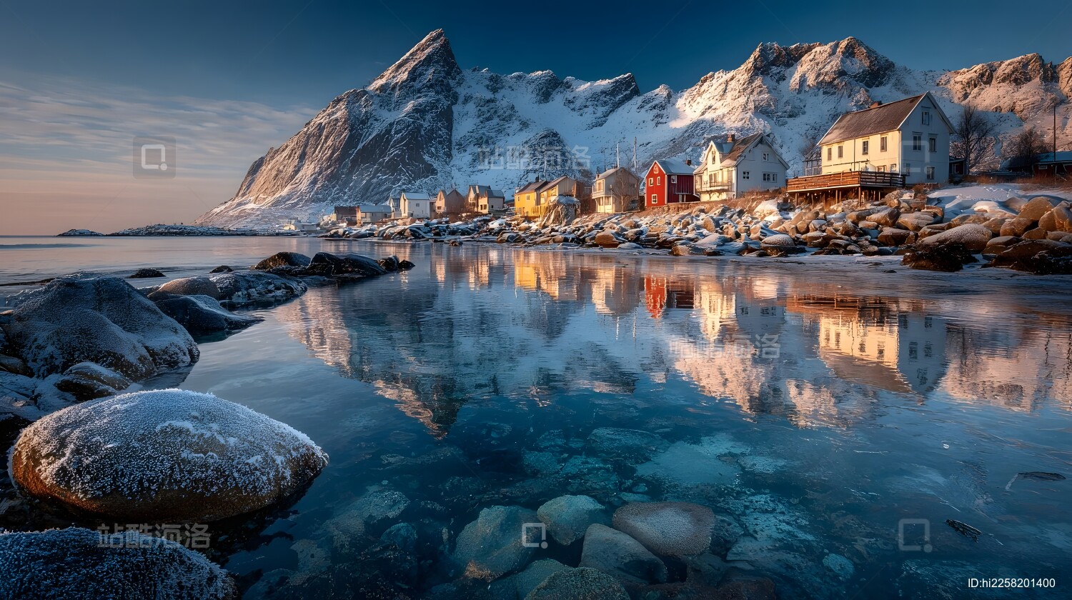 雪山下的静谧渔村