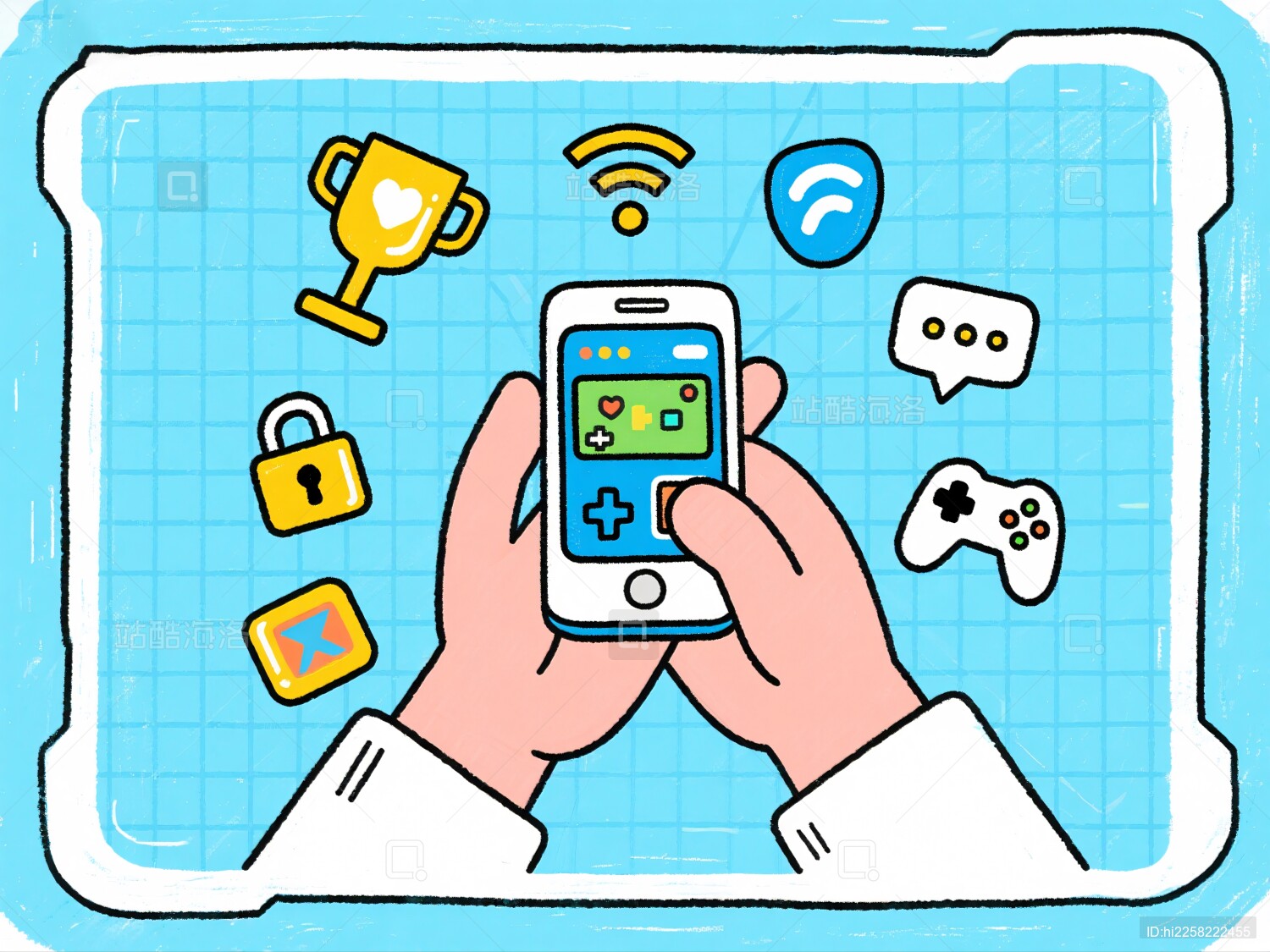 手持手机玩游戏图标周围围绕各种功能图标
