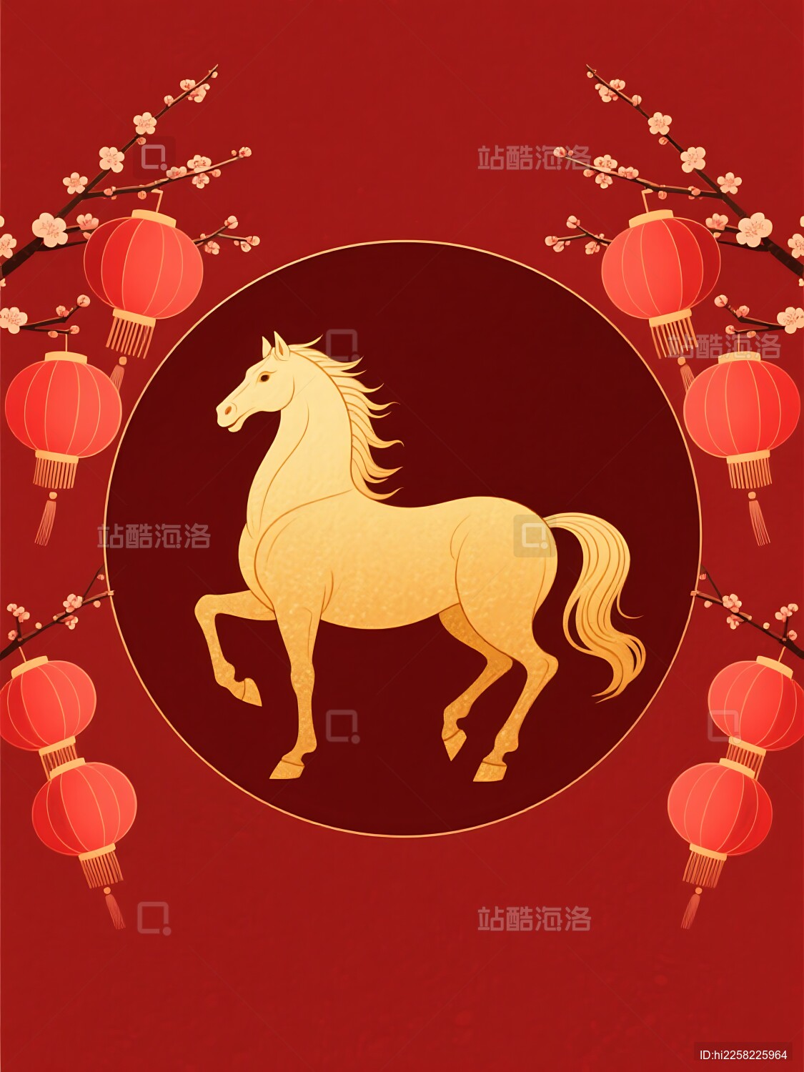 金色骏马与红灯笼梅花