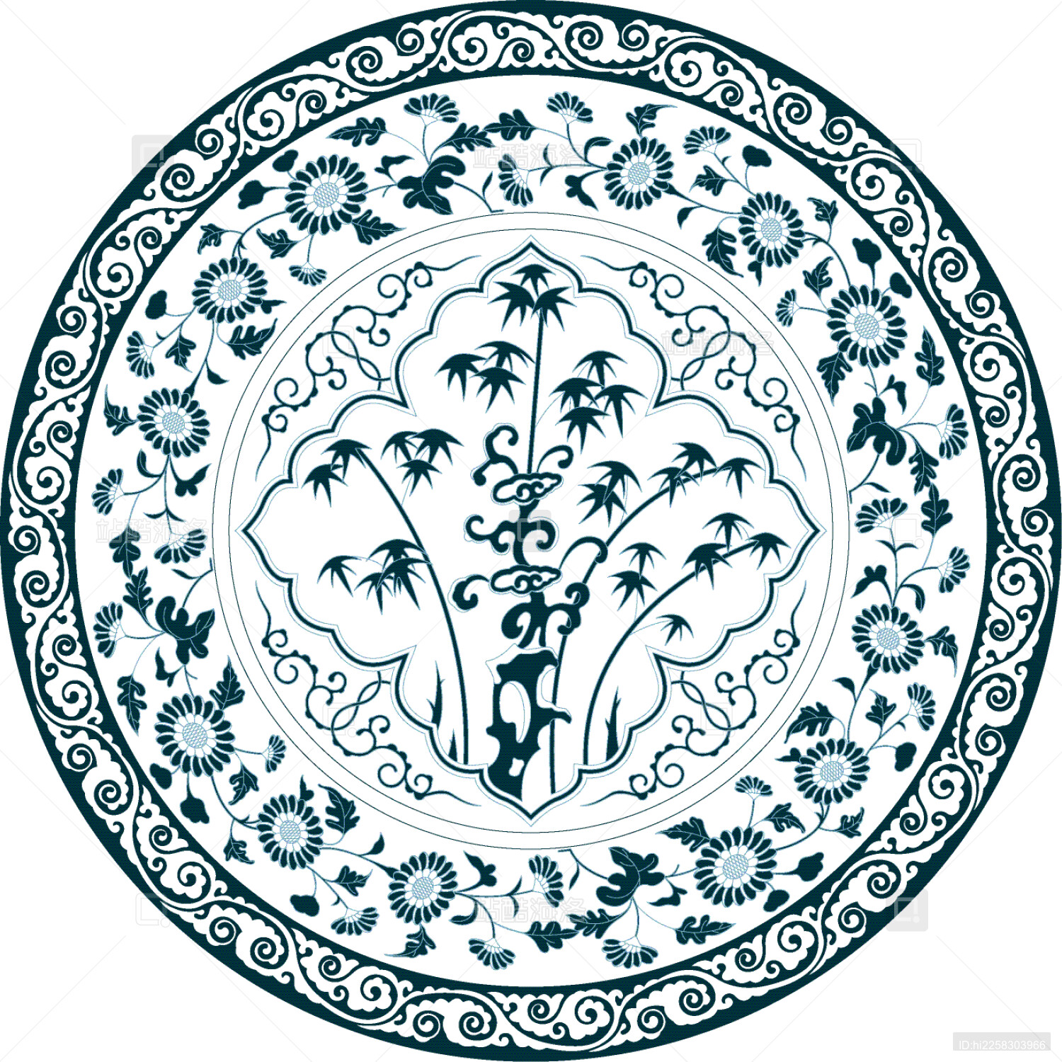 明代青花瓷盘上的竹石灵芝纹